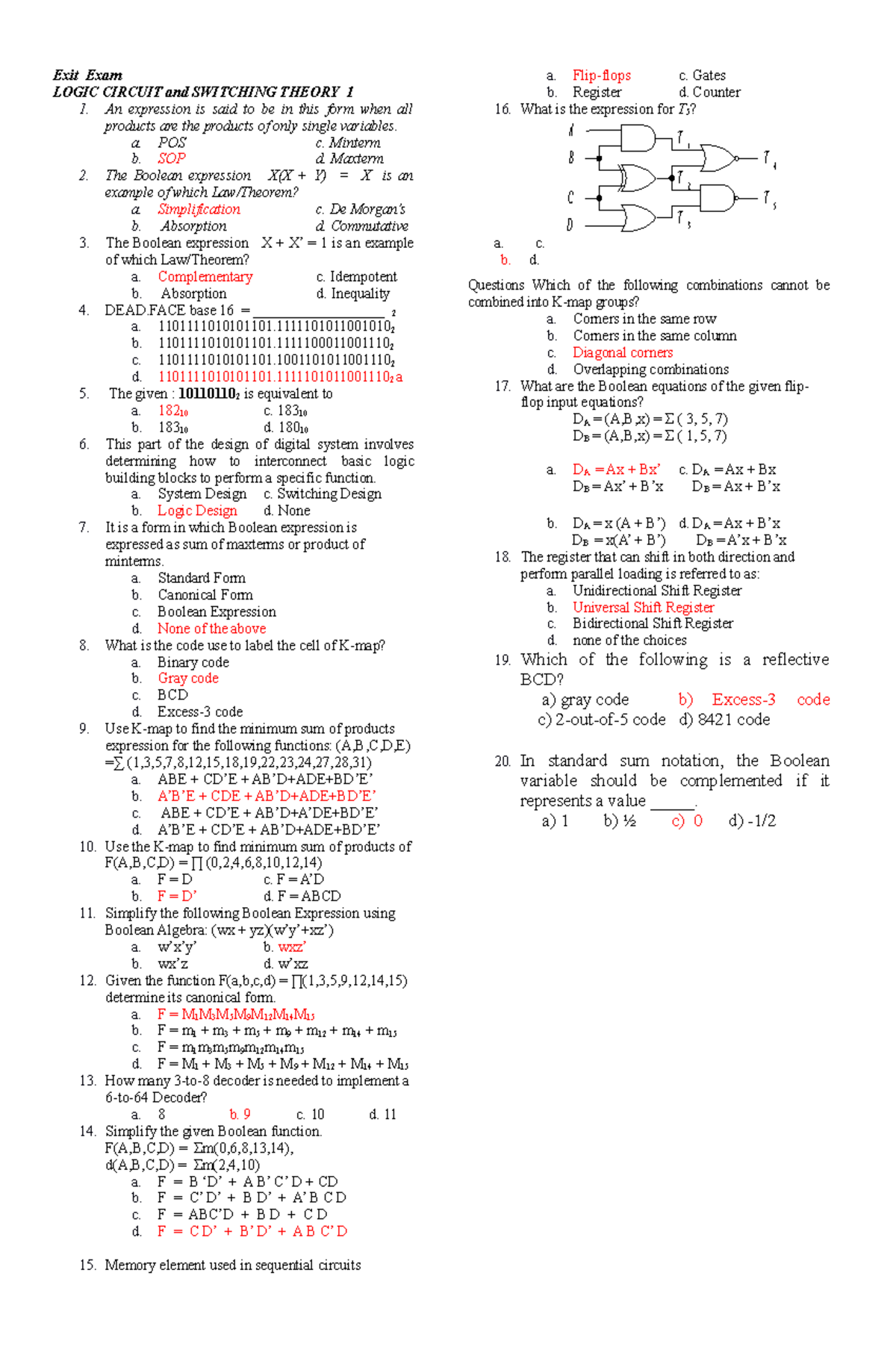 Exit Exam Questions Logic Circuits 1 - Exit Exam LOGIC CIRCUIT and ...