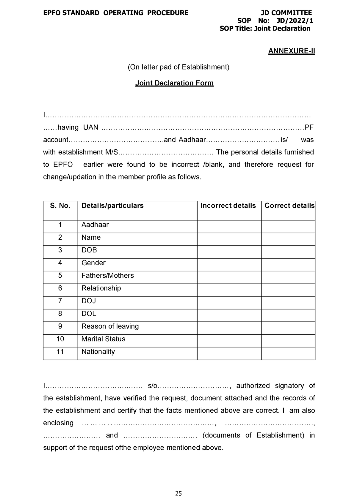 Joint declaration form - EPFO STANDARD OPERATING PROCEDURE JD COMMITTEE ...