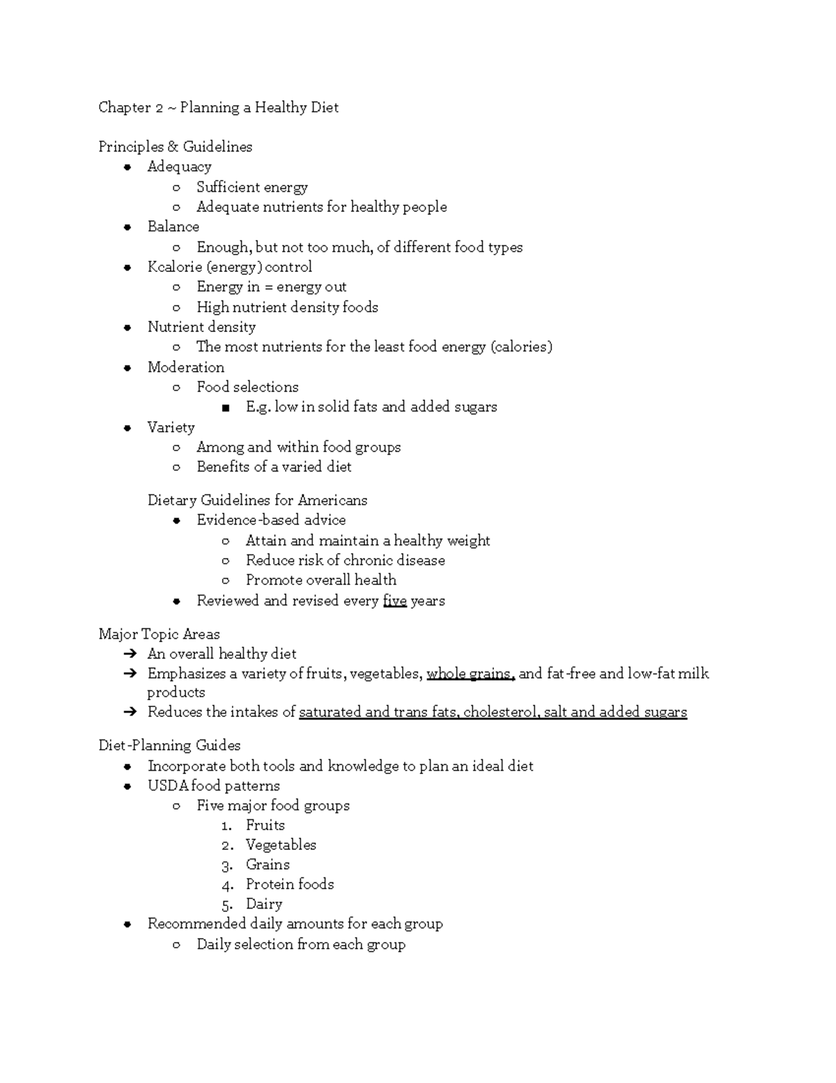 HUN Chapter 2 - Class Notes - Chapter 2 ~ Planning A Healthy Diet ...