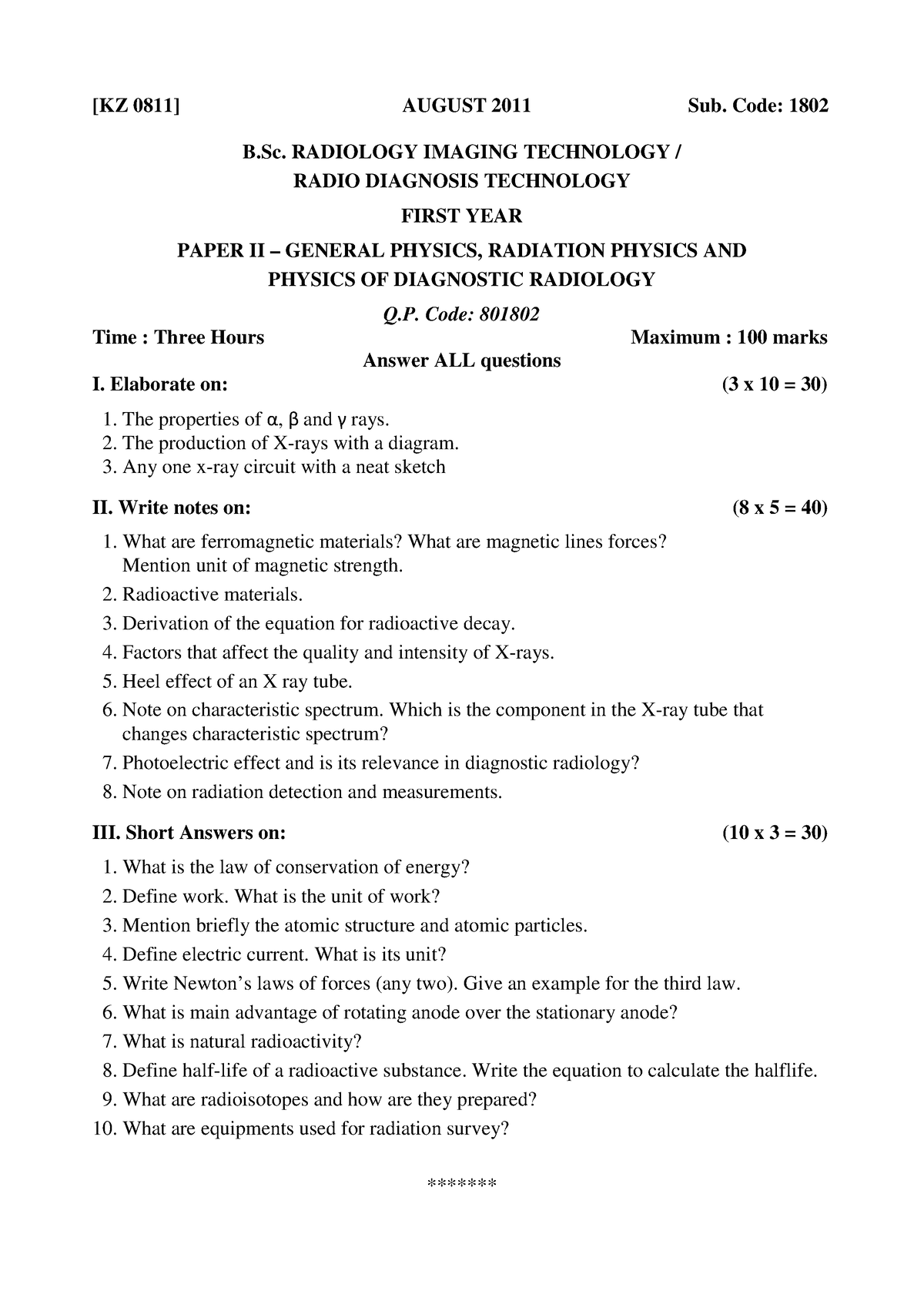 801802 KZ - Question Paper For Bsc Radiography And Imaging Technology ...