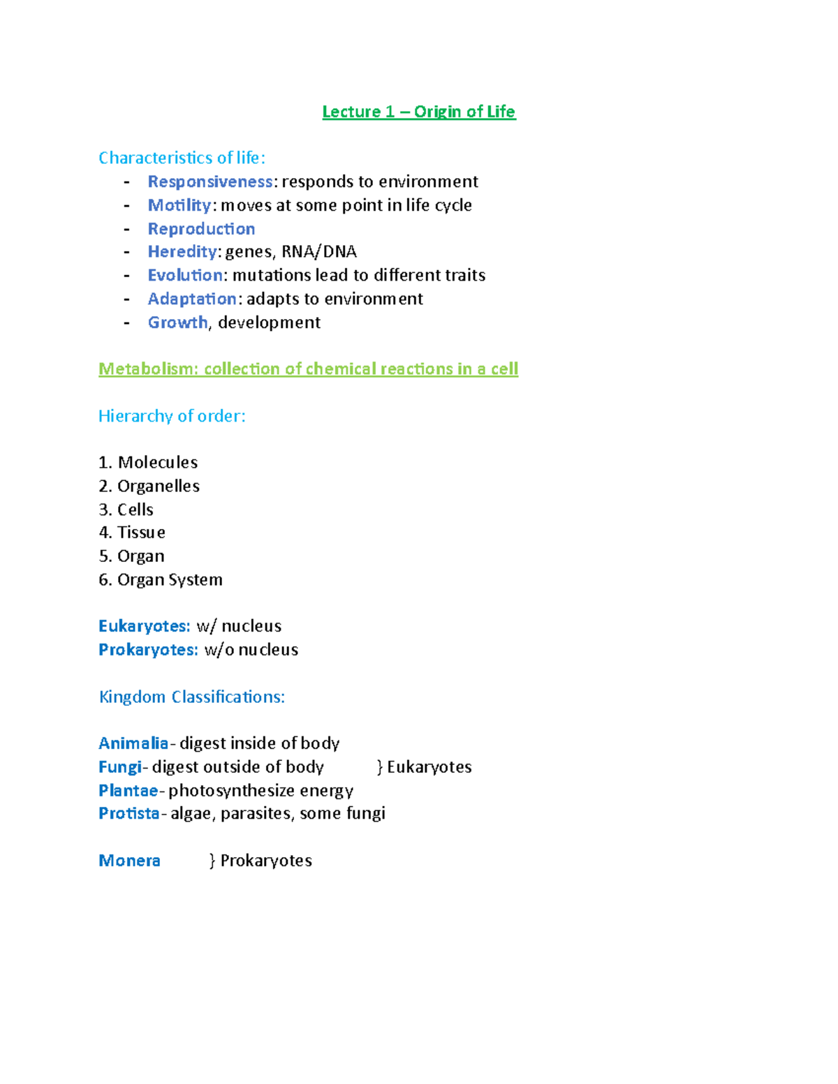 Bio Exam 1 Notes for Review for all the chapters covered - Lecture 1 ...