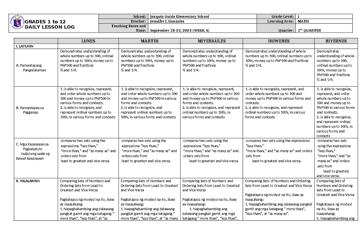 DLL MATH 1 Q1 W4 - lesson plan - GRADES 1 to 12 DAILY LESSON LOG School ...