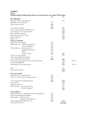 Manufacturing Accounts Notes FORMAT Name Manufacturing Trading