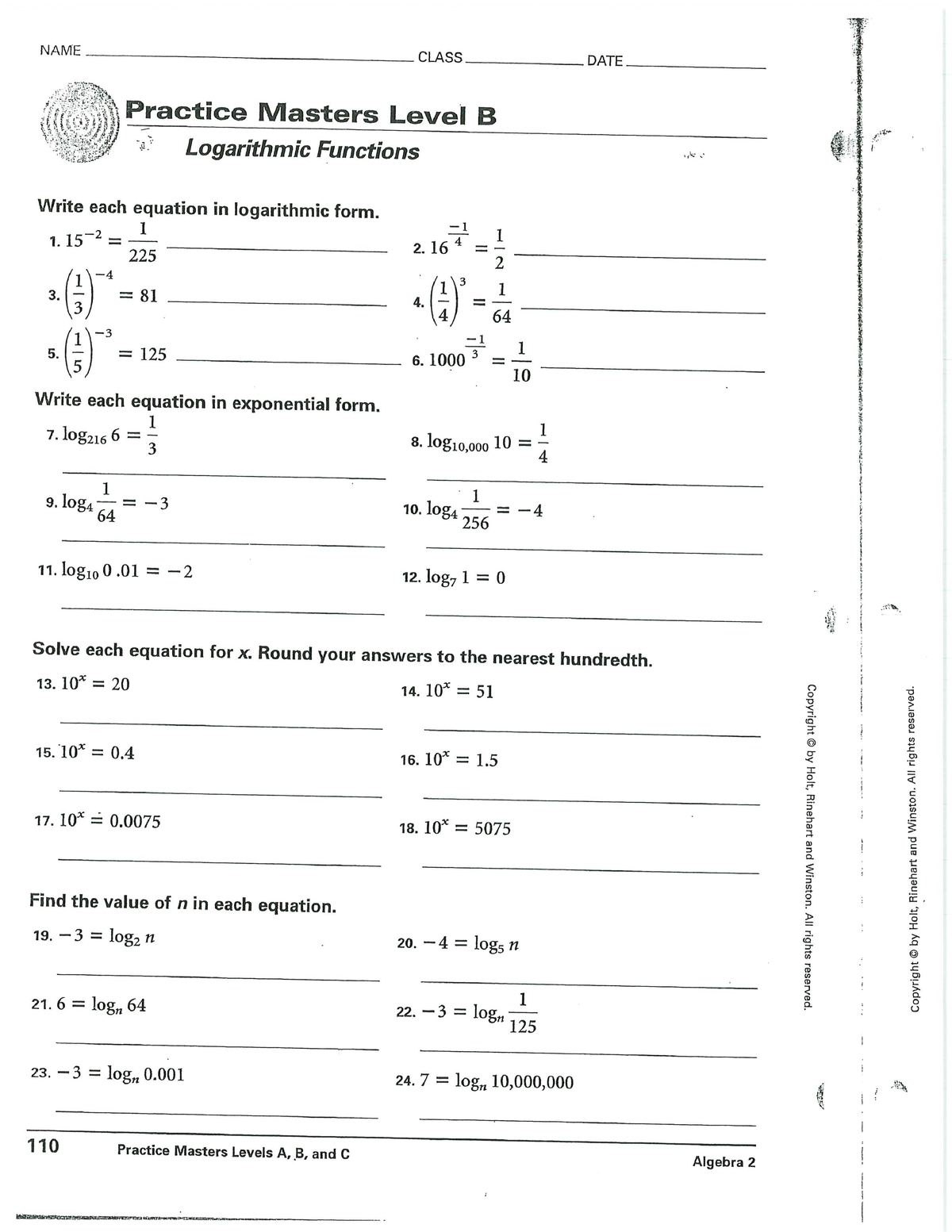 Logarithmic Functions Level B - Studocu