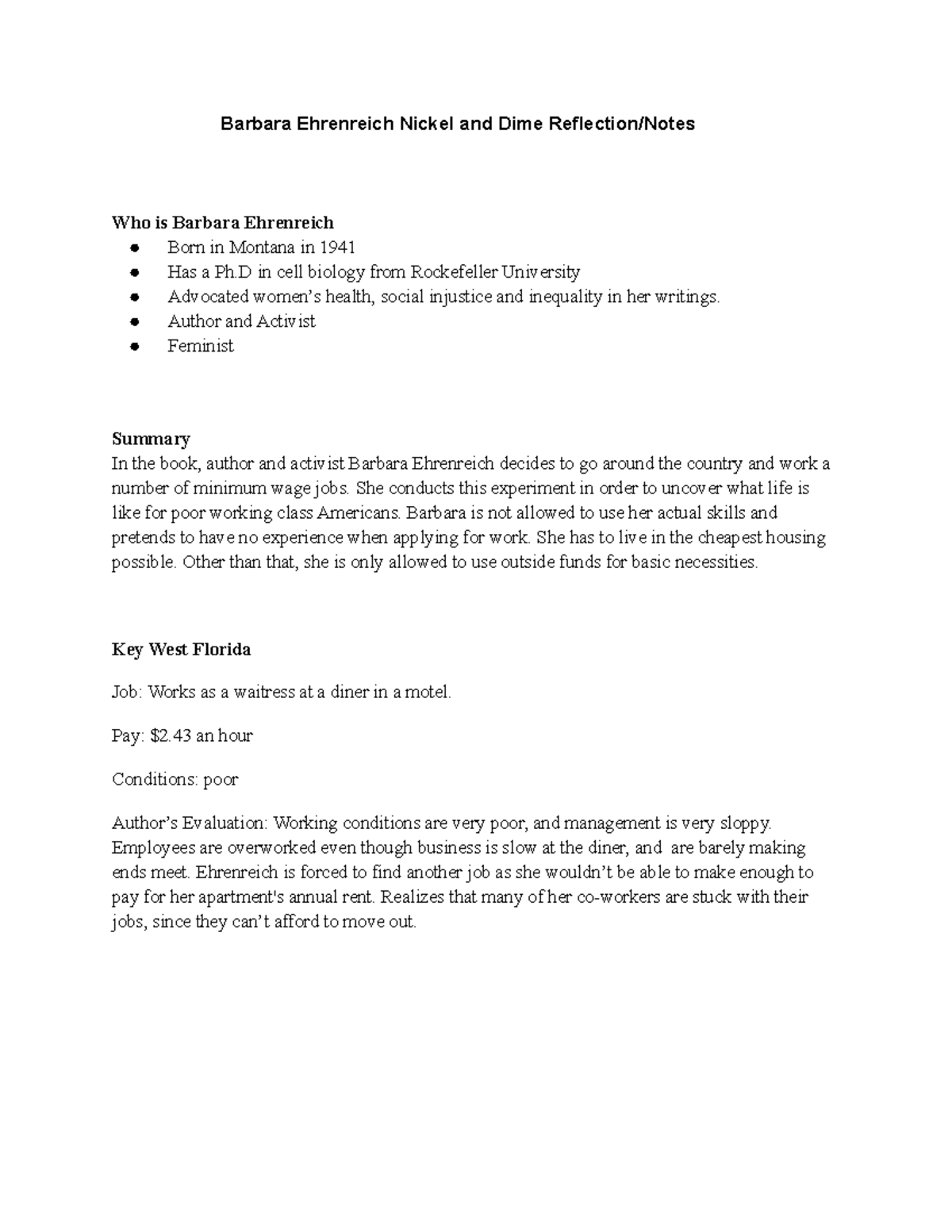 Barbara Ehrenreich Nickel and Dimed Reflection Barbara Ehrenreich