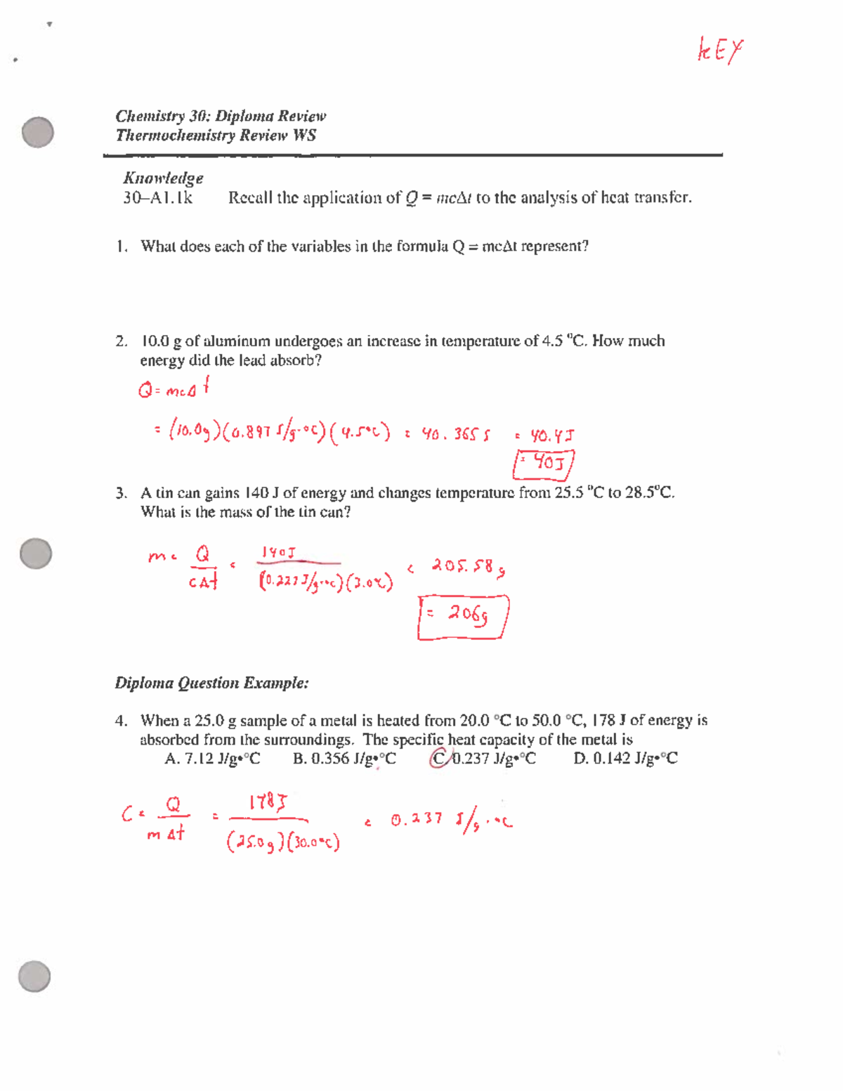 Thermochemistry - ws 1 - key - Chem 101 - Studocu
