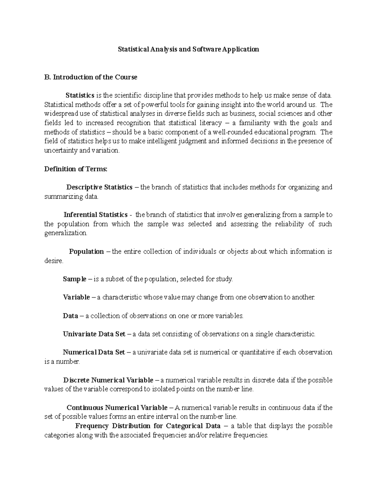 Statistical Analysis and Software Application - Introduction of the ...