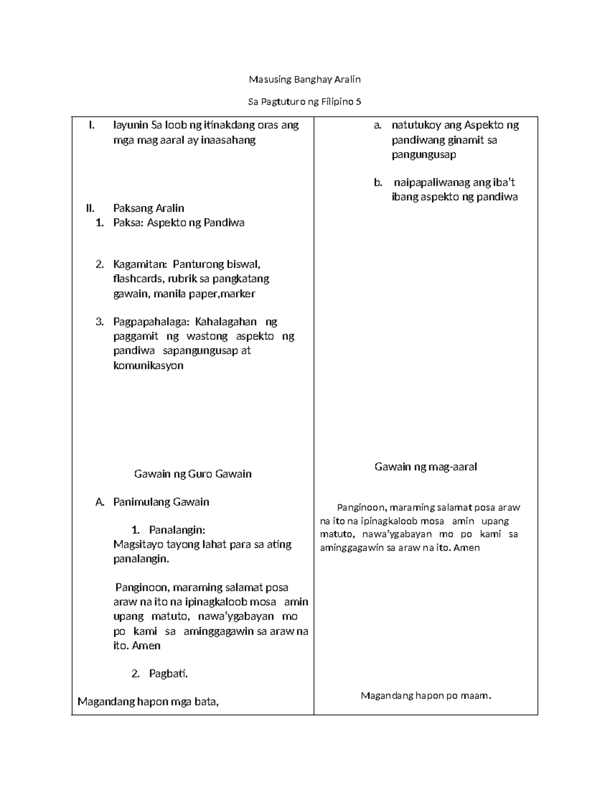 Filipino Lesson Plan - Masusing Banghay Aralin Sa Pagtuturo Ng Filipino 