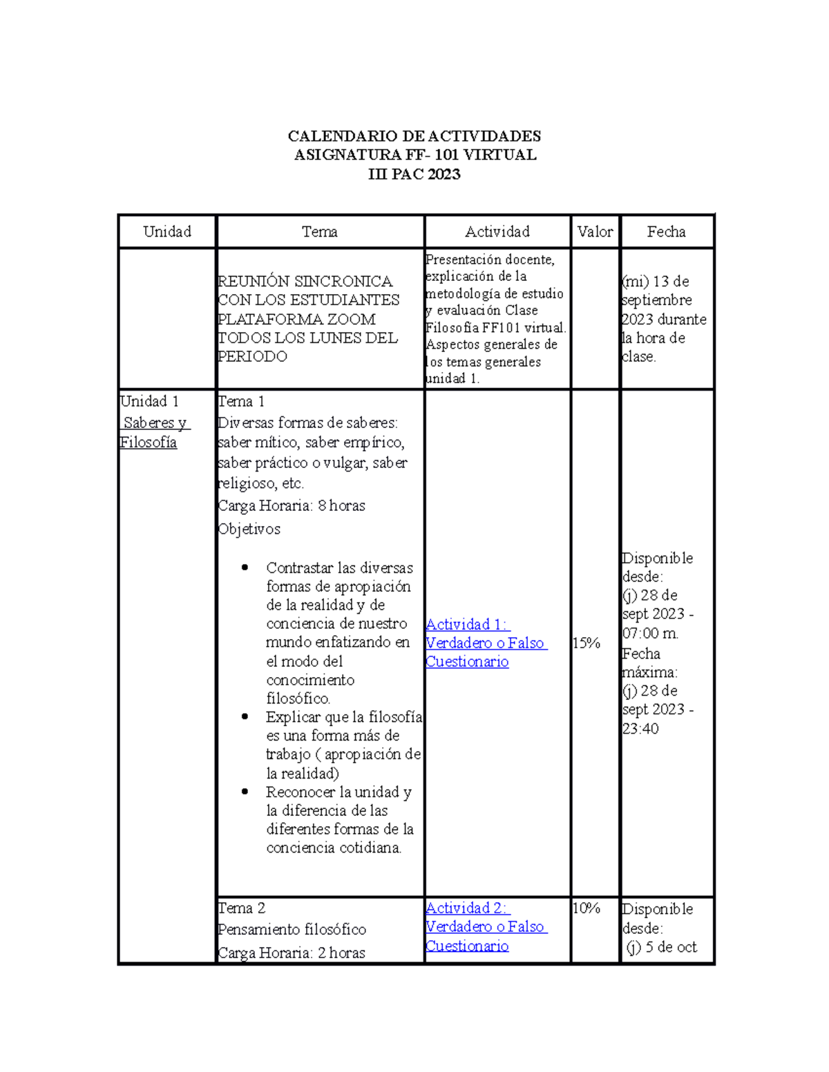 Calendario De Actividades Ff 101 En Linea L Iipac 2023 Calendario De Actividades Asignatura 3379