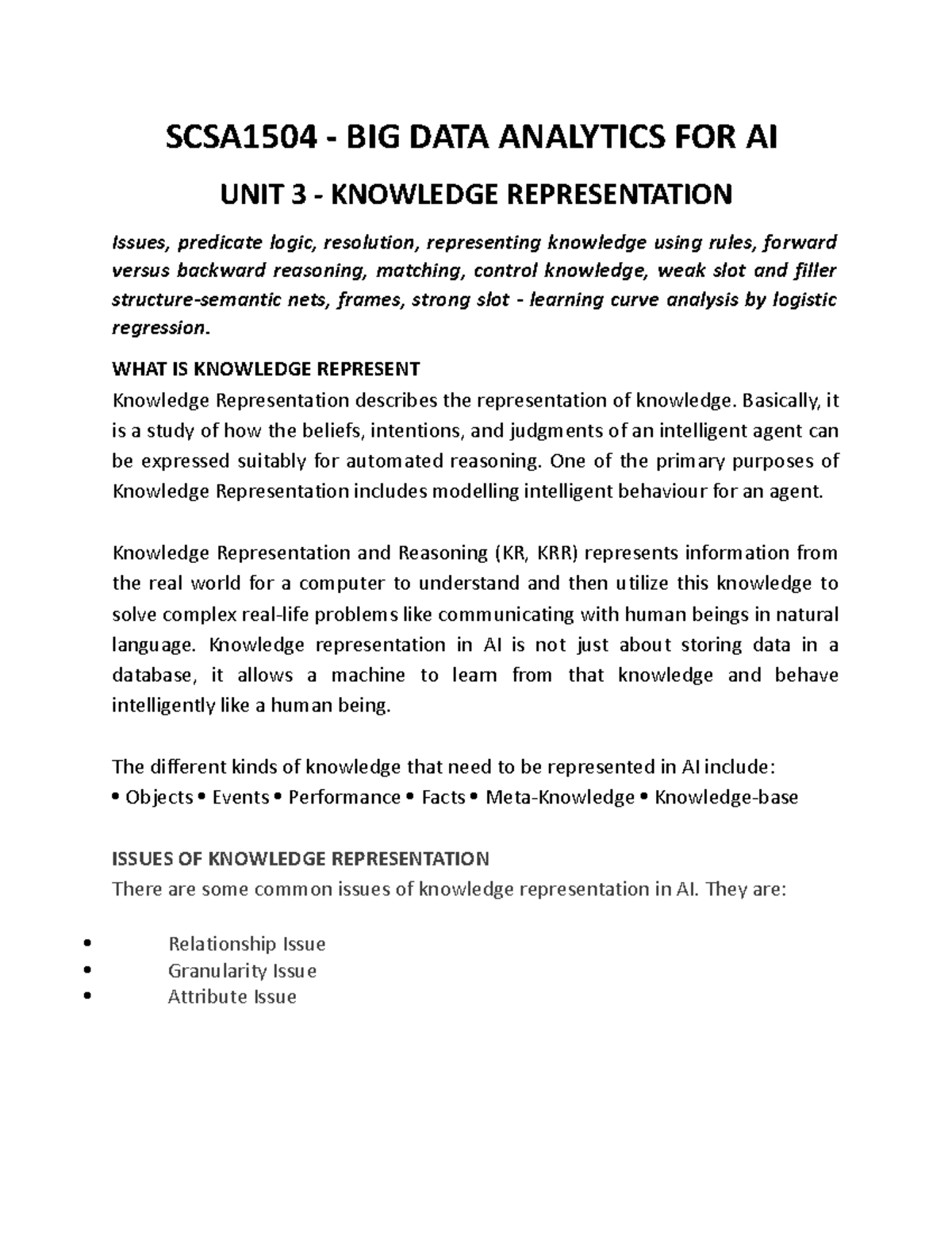UNIT 3 Knowledge Representation SCSA1504 BIG DATA ANALYTICS FOR