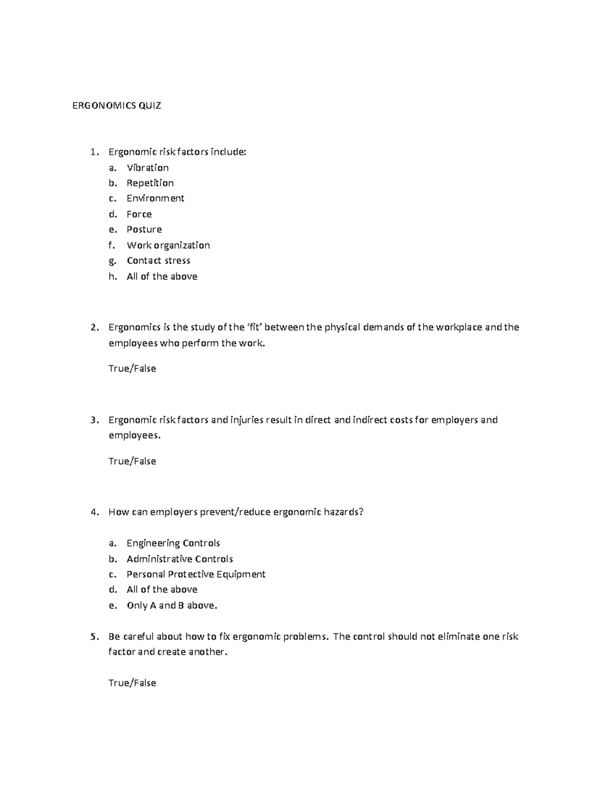 Fy11 sh-22300-11 Ergonomics Quiz - ERGONOMICS QUIZ Ergonomic risk ...