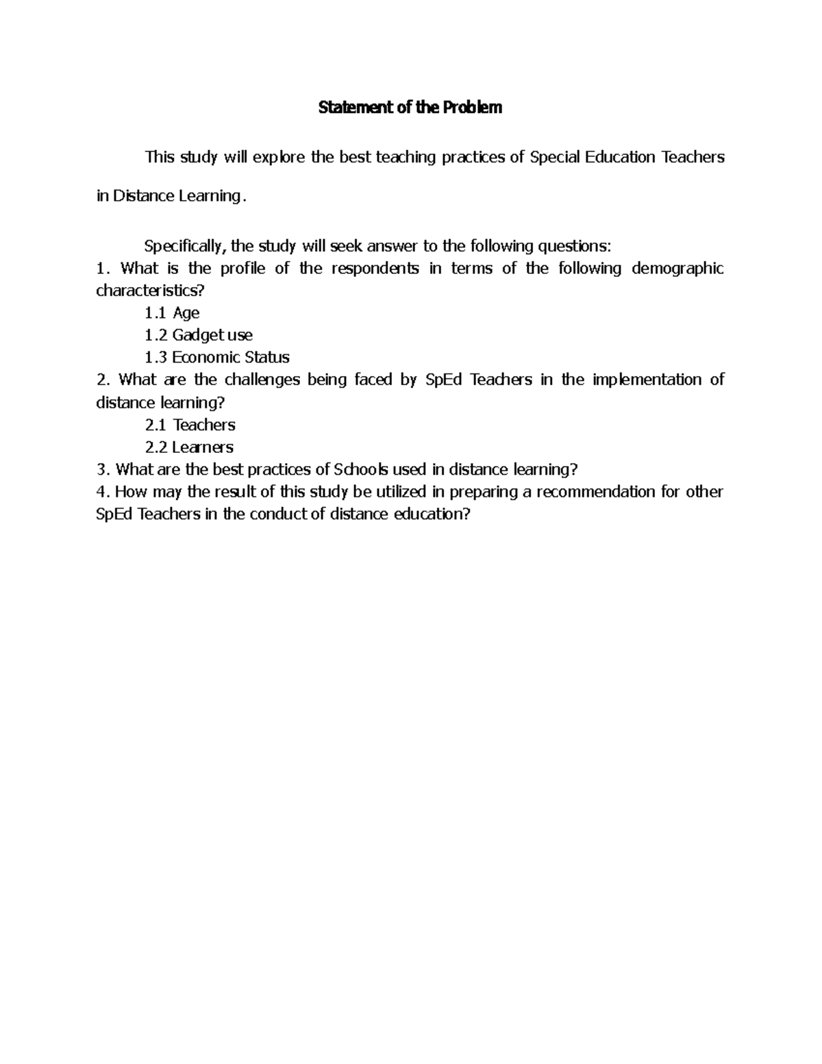 Group 2 - This is a statement of the problem for a research ...