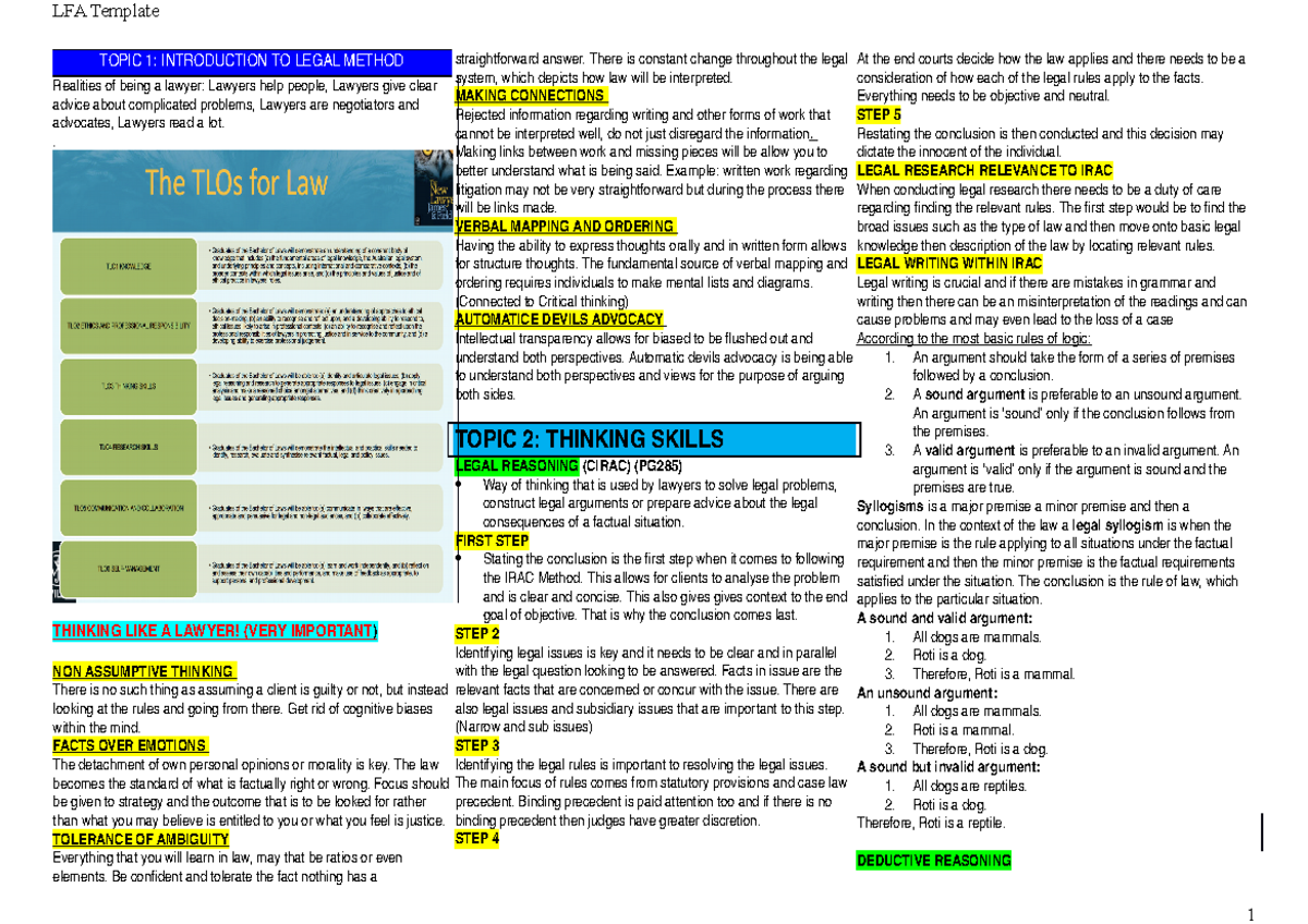 LFA Template mo - Lecture notes LFA - TOPIC 1: INTRODUCTION TO LEGAL ...