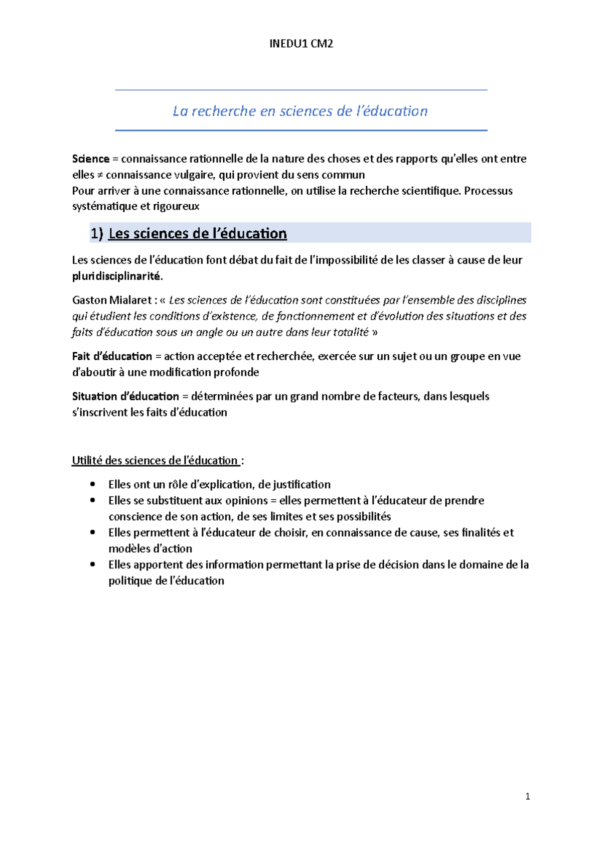 Introduction aux sciences de l'education (INEDU1) - CM 2-3 - La ...