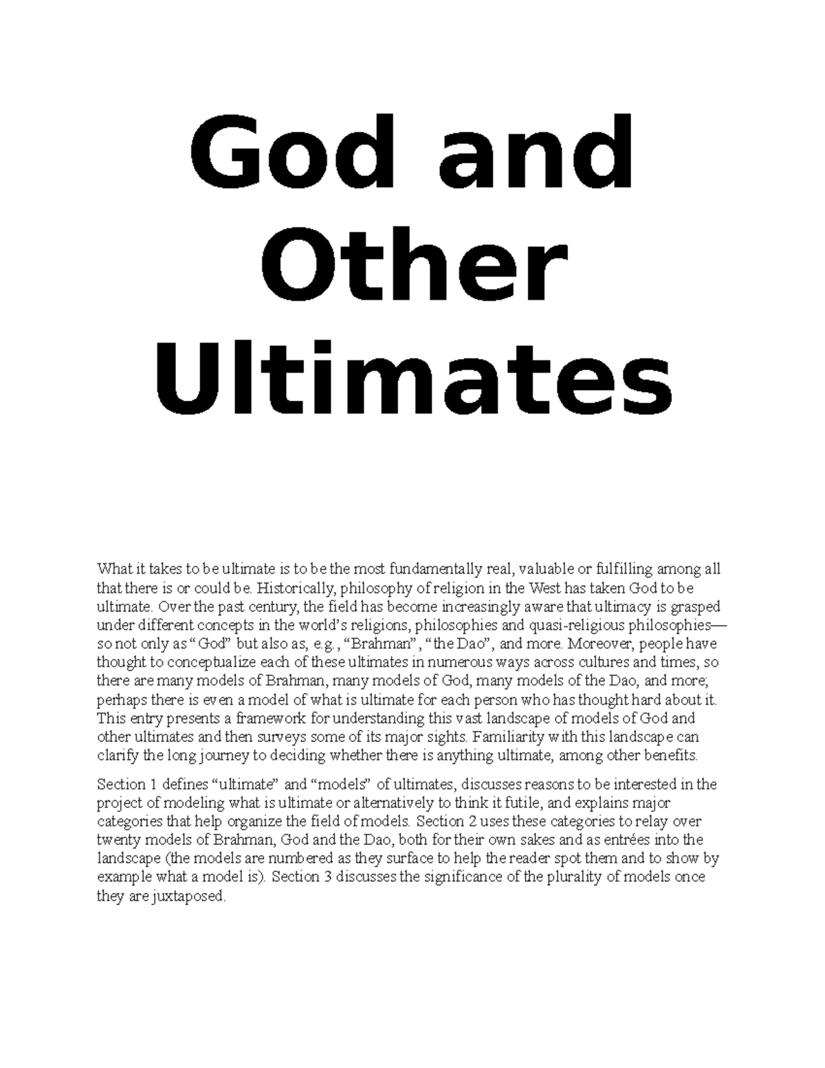 Lecture about God and other ultimates - God and Other Ultimates What it ...