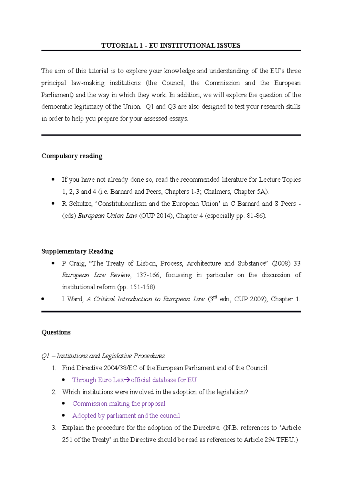 Tutorial 1 - TUTORIAL 1 - EU INSTITUTIONAL ISSUES The aim of this ...