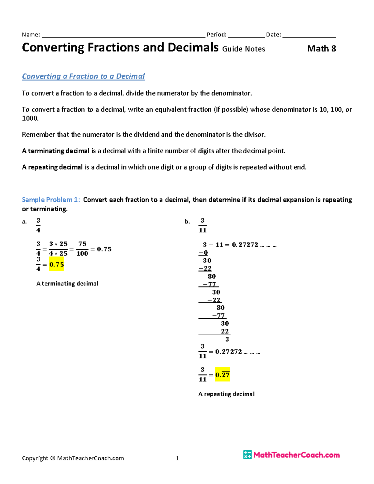 Converting Fractions and Decimals - Name