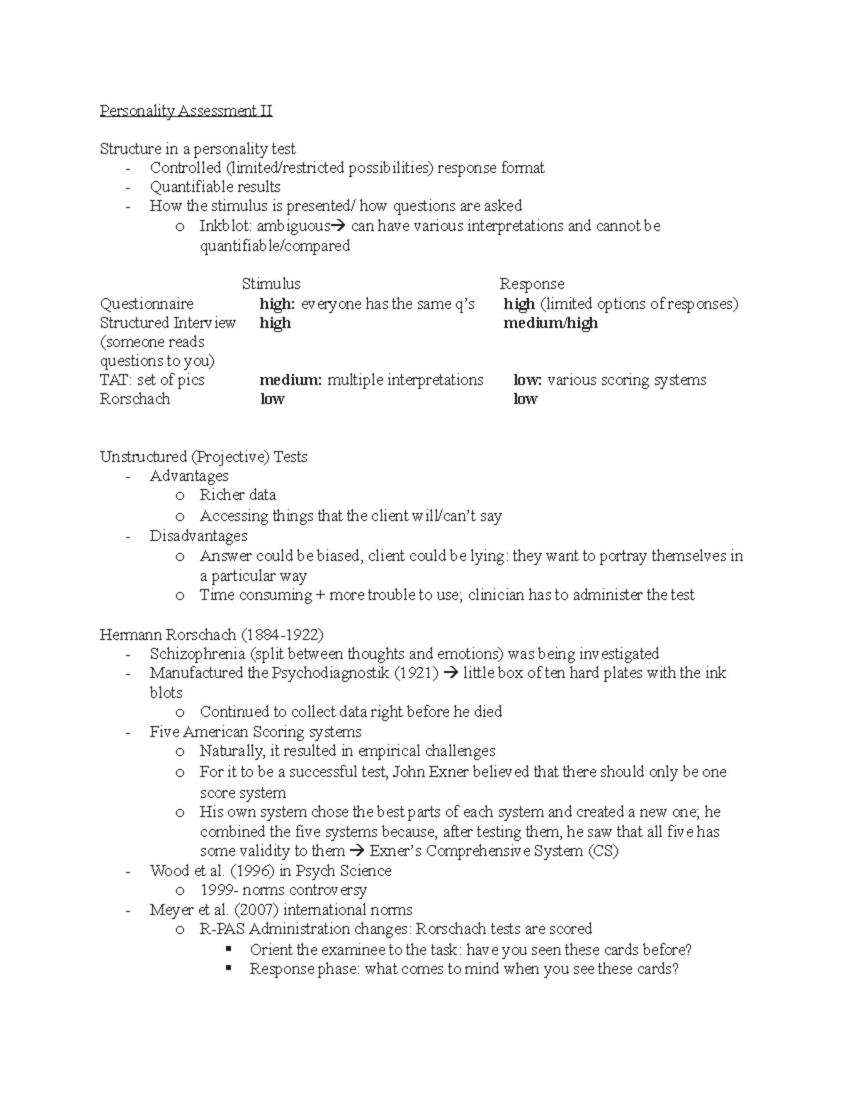 February 8 Notes - Personality Assessment II Structure in a personality ...