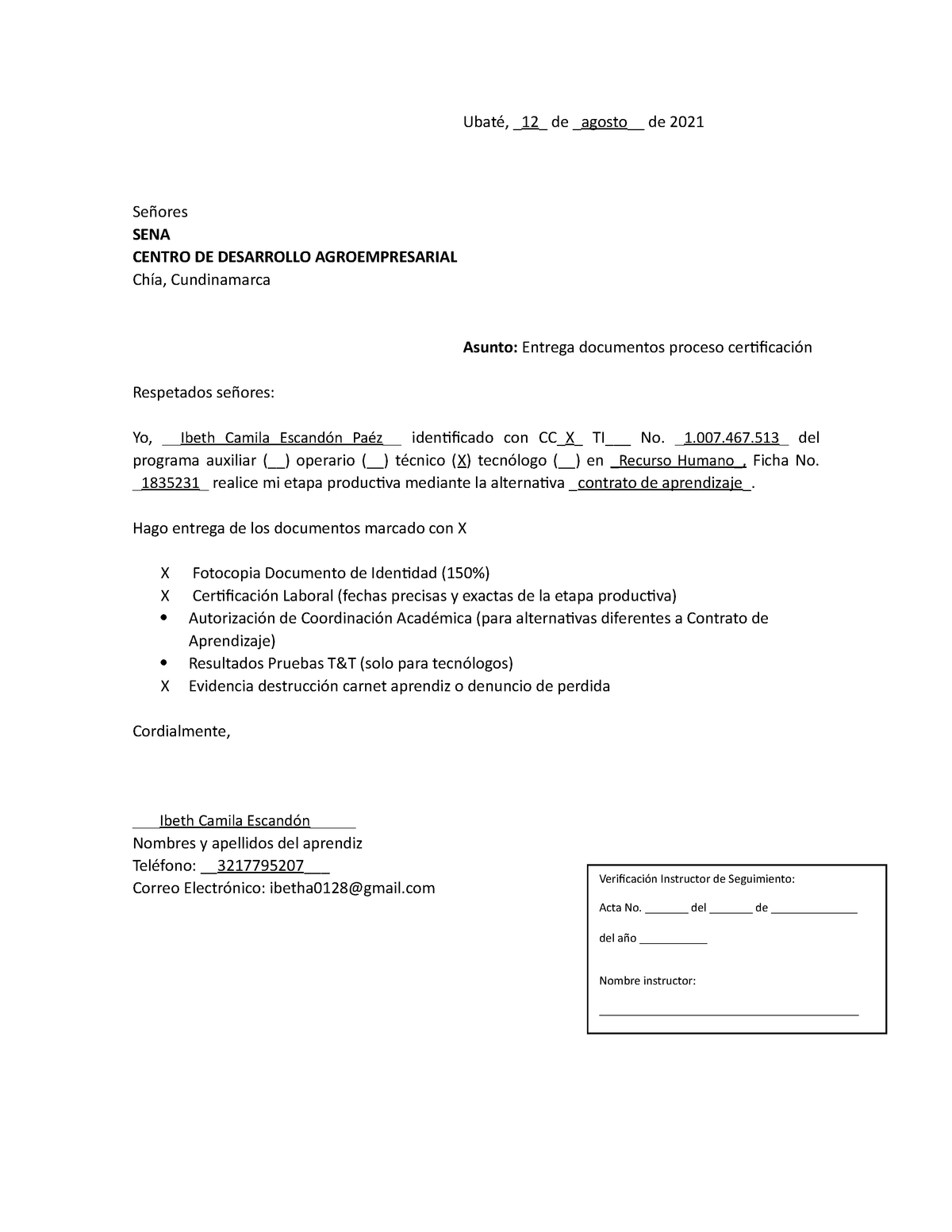 Modelo Carta Radicacion DE Documentos - Ubaté, 12 de agosto_ de 2021  Señores SENA CENTRO DE - Studocu