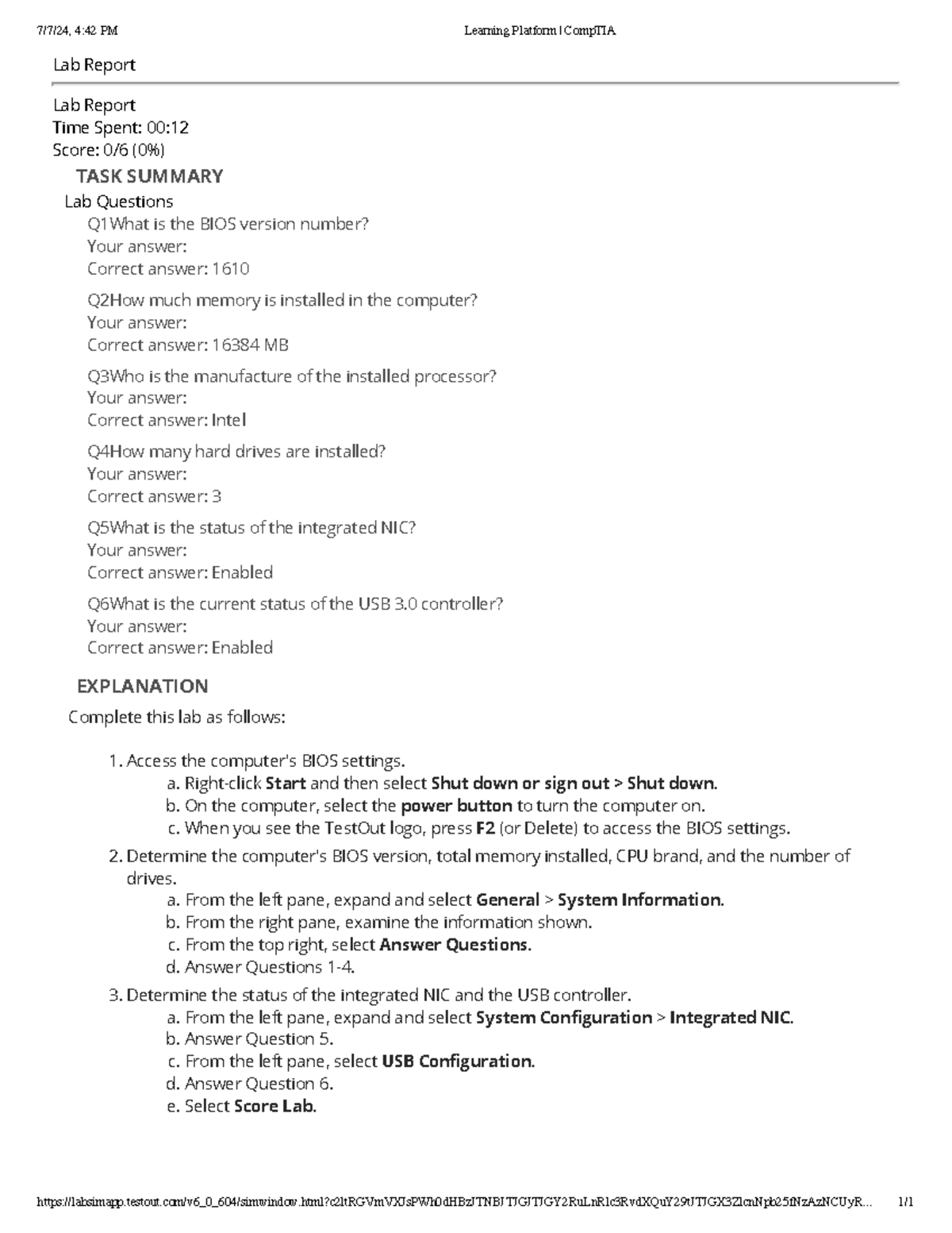 Comp TIA 5 Learning Platform - Exam Prep - Lab Report Lab Report Time ...