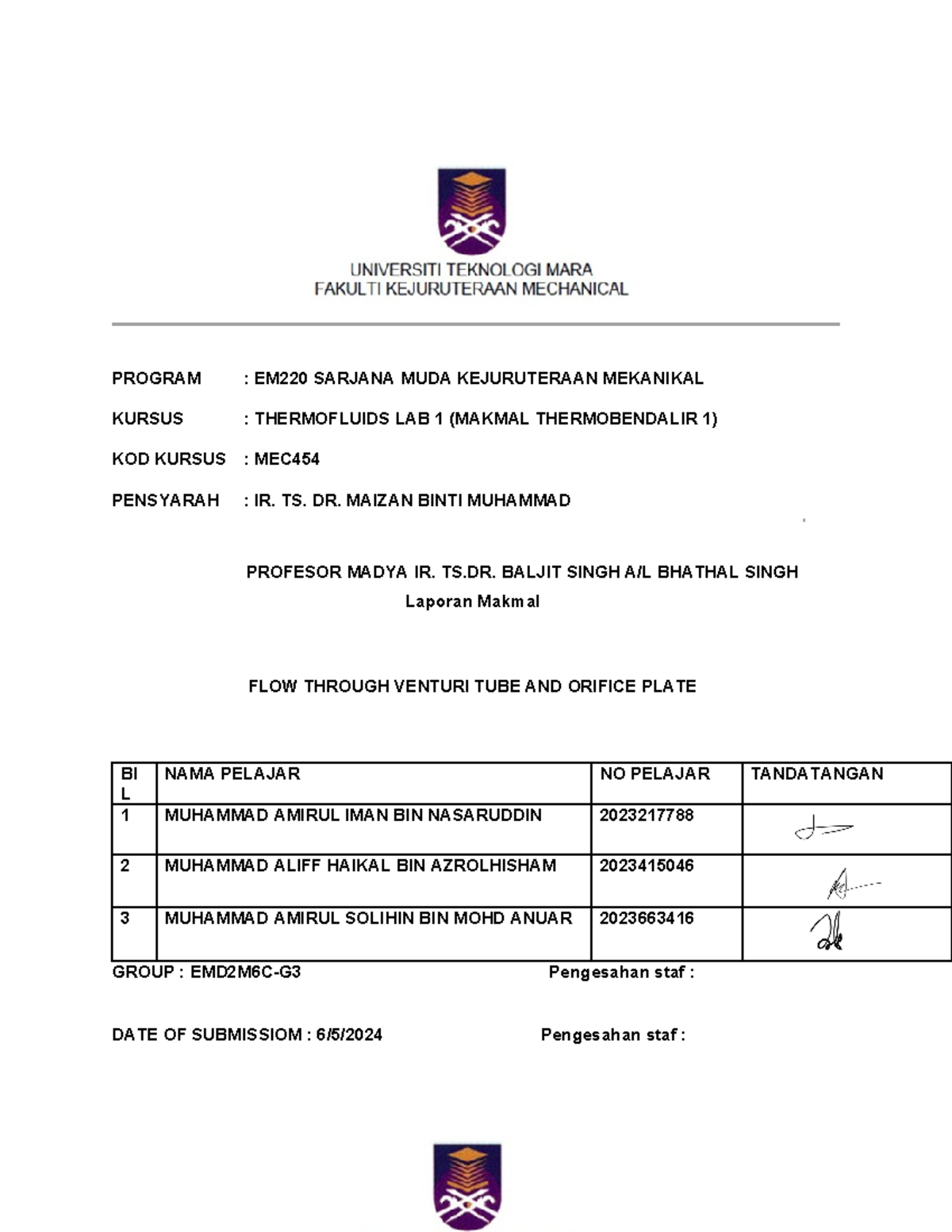 FLOW Through Venturi TUBE AND Orifice Plate - PROGRAM : EM220 SARJANA ...