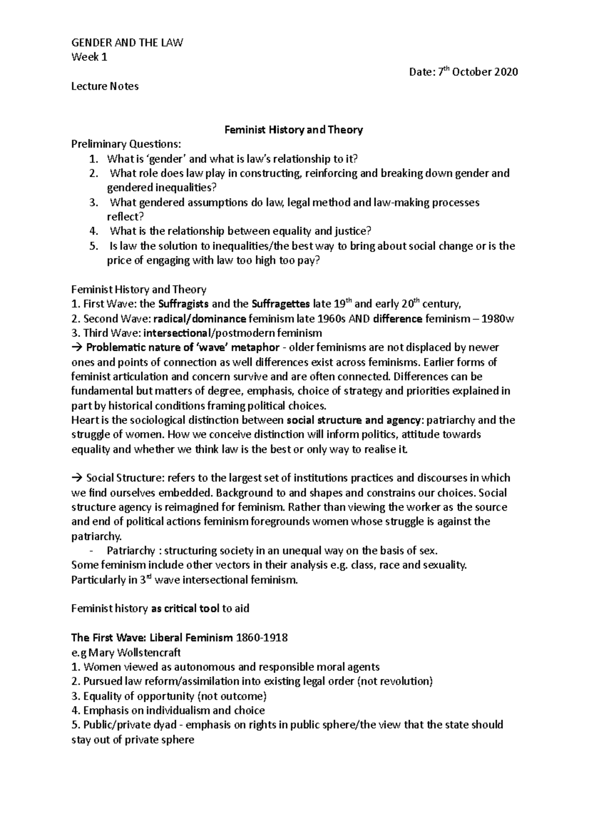 Gender week1 lecture - Week 1 Date: 7th October 2020 Lecture Notes ...