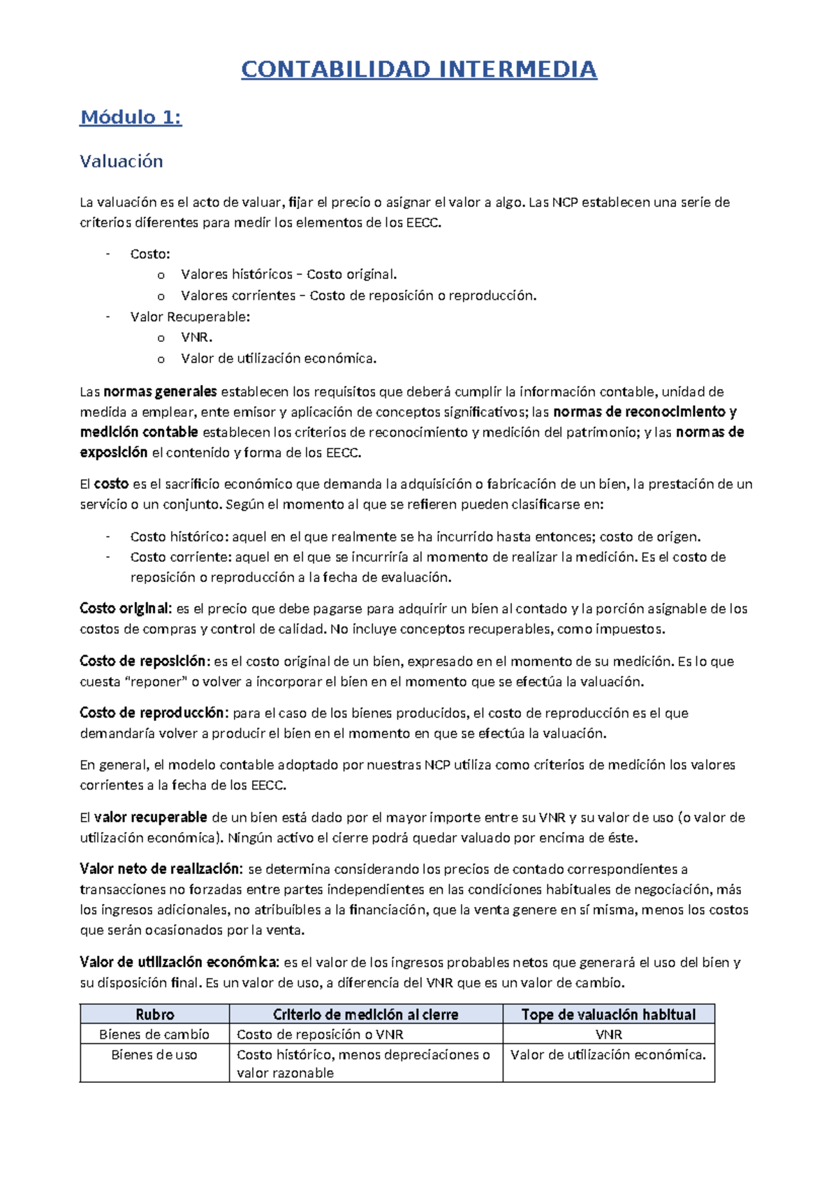 Contabilidad Intermedia Resumen Contabilidad Intermedia Módulo 1 Valuación La Valuación Es 5844