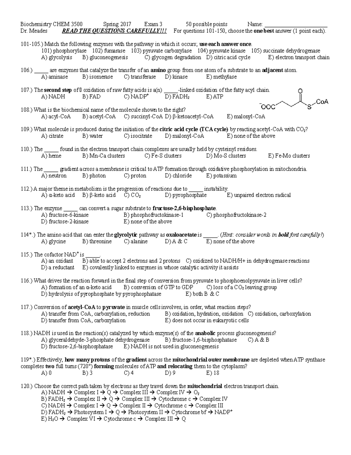 Exam 3 Spring 2017 - Exam 3 - Biochemistry CHEM 3500 Spring 2017 Exam 3 ...