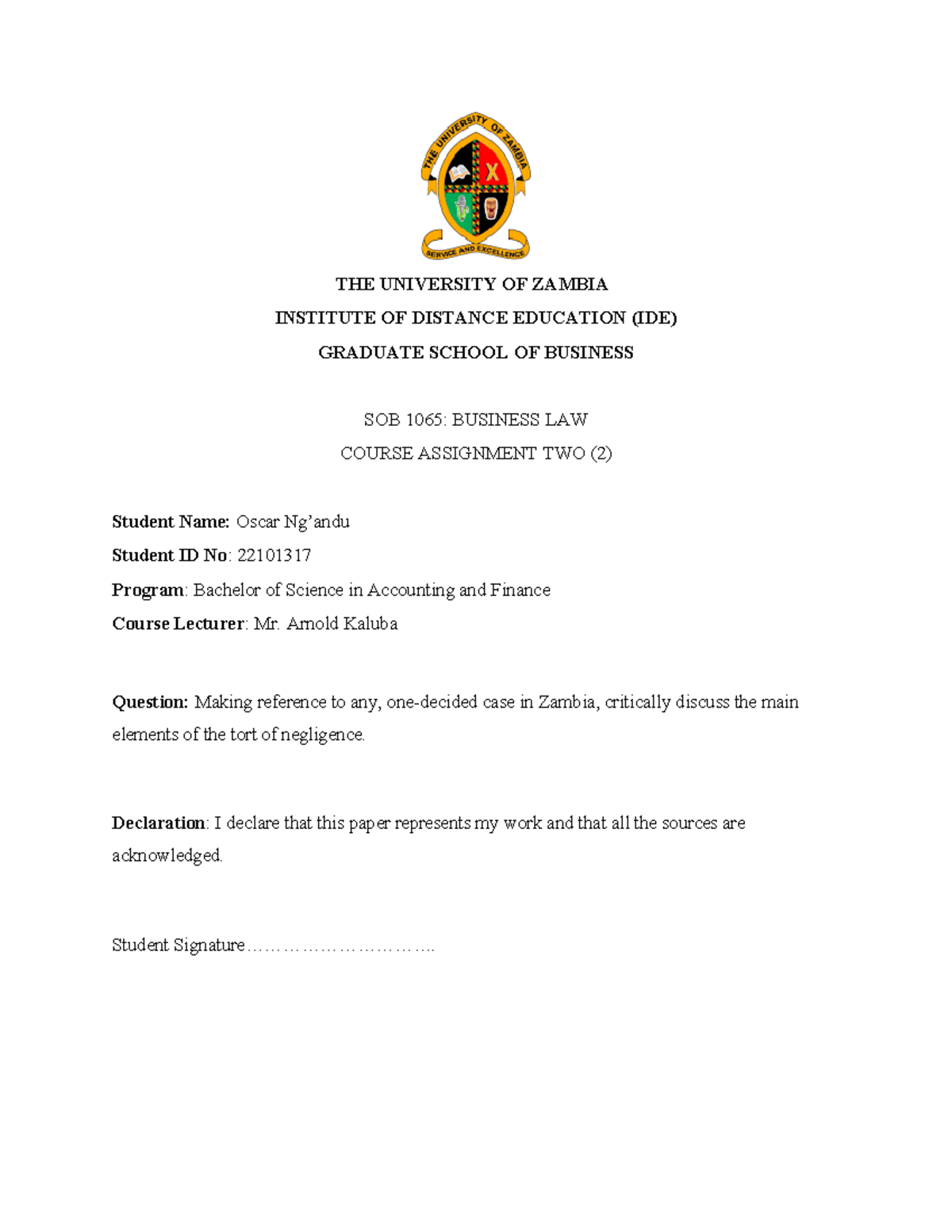 Assignment 2 SOB 1065 Business Law - THE UNIVERSITY OF ZAMBIA INSTITUTE ...