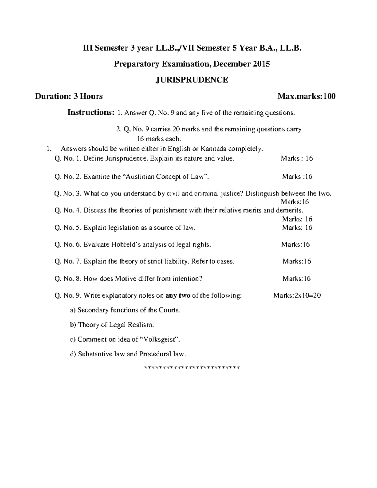 Jurisprudence Model Ans-paper - III Semester 3 Year LL.,/VII Semester 5 ...