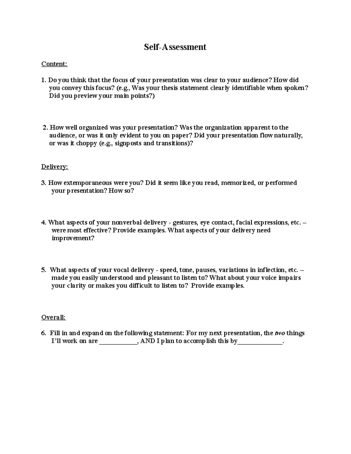 Self Assessment Template - Self-assessment Content: Do You Think That 