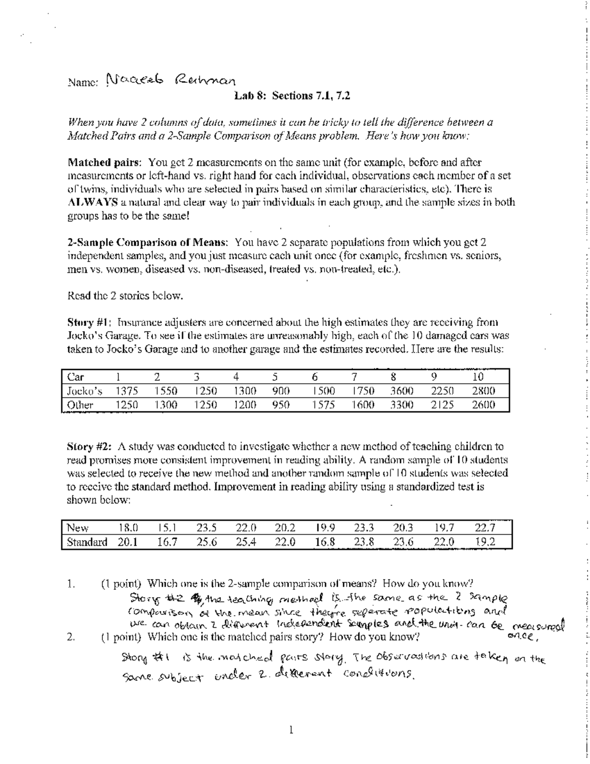 Lab 8 Lab 8 Name W11 Lab 8 Sections 7 7 When You Have 2 Columns Of Data Sometimes It Can