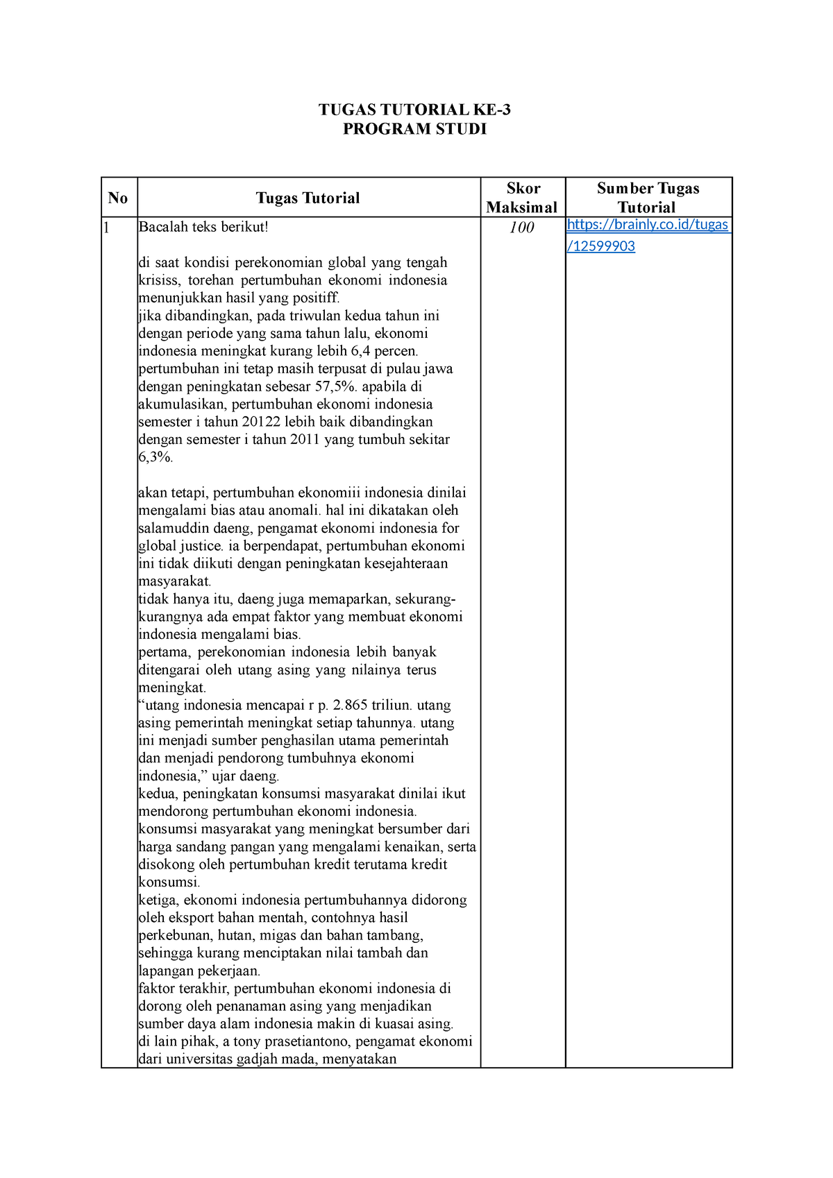 Tugas 3 Bahasa Indonesia Ok - TUGAS TUTORIAL KE- PROGRAM STUDI No Tugas ...