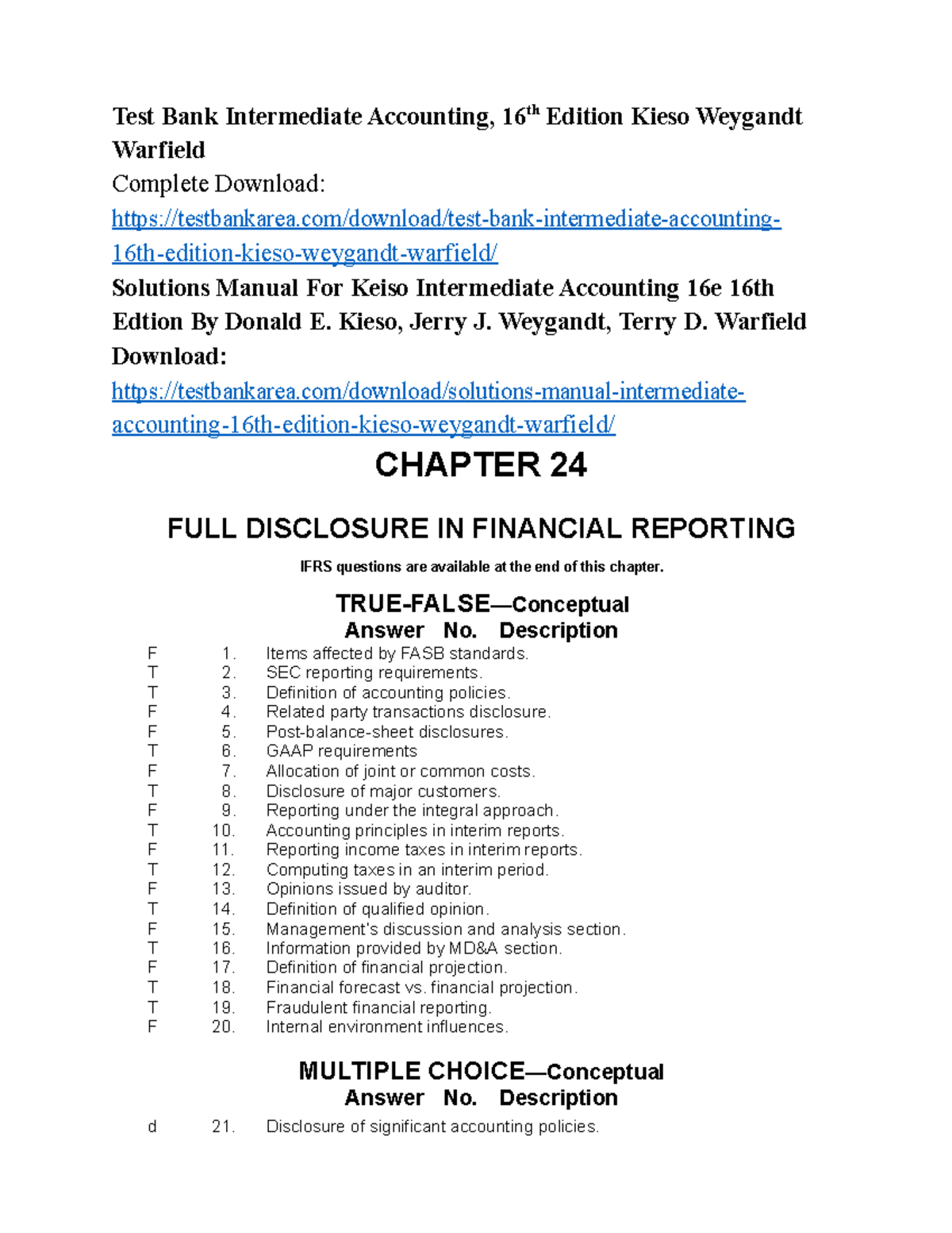 Test Bank Intermediate Accounting 16th Edition By Kieso Weygandt ...