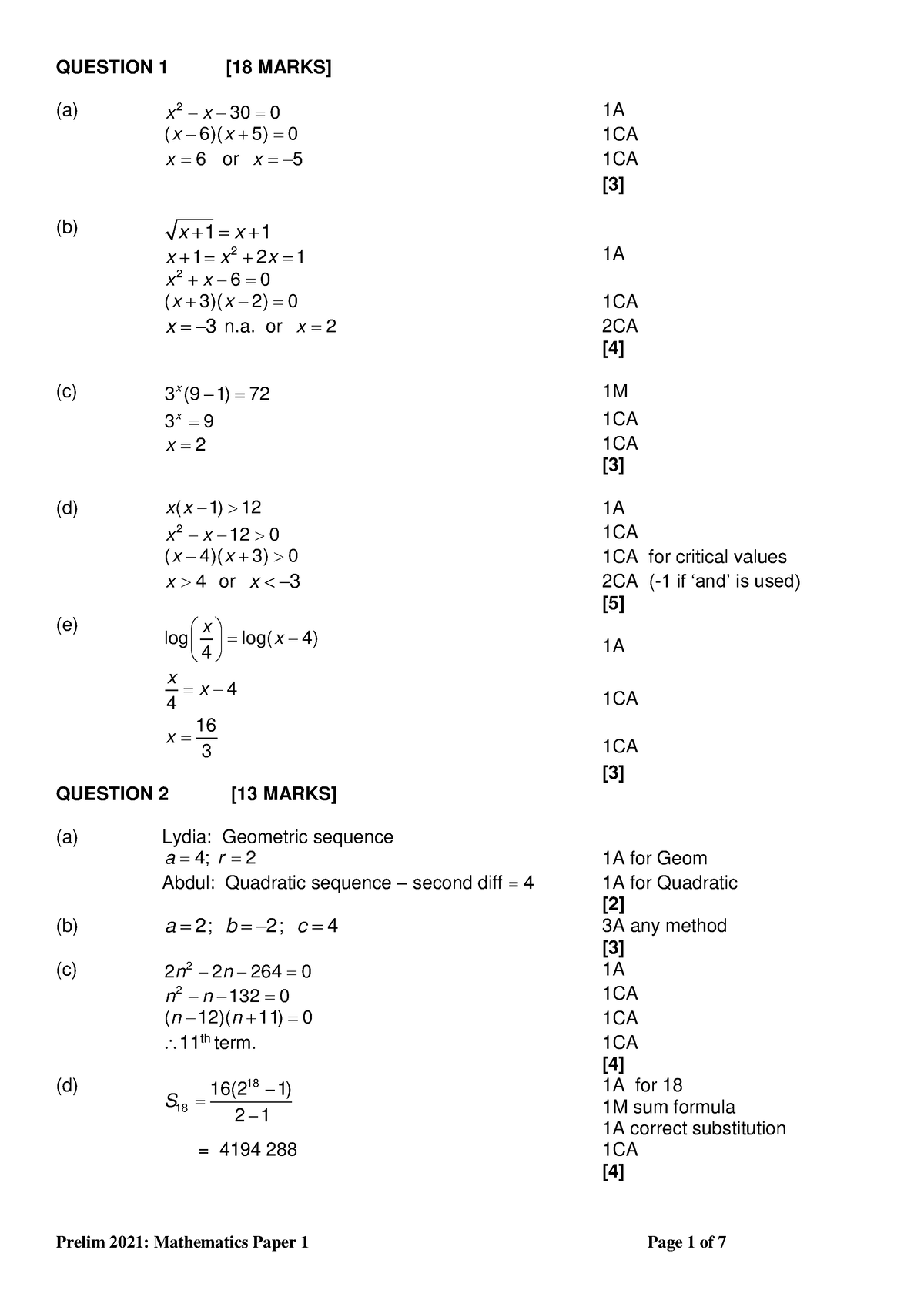 2021 Prelim P1 Memo Math Past Paper Grade 12 a 2 X X 30 0 1A X 