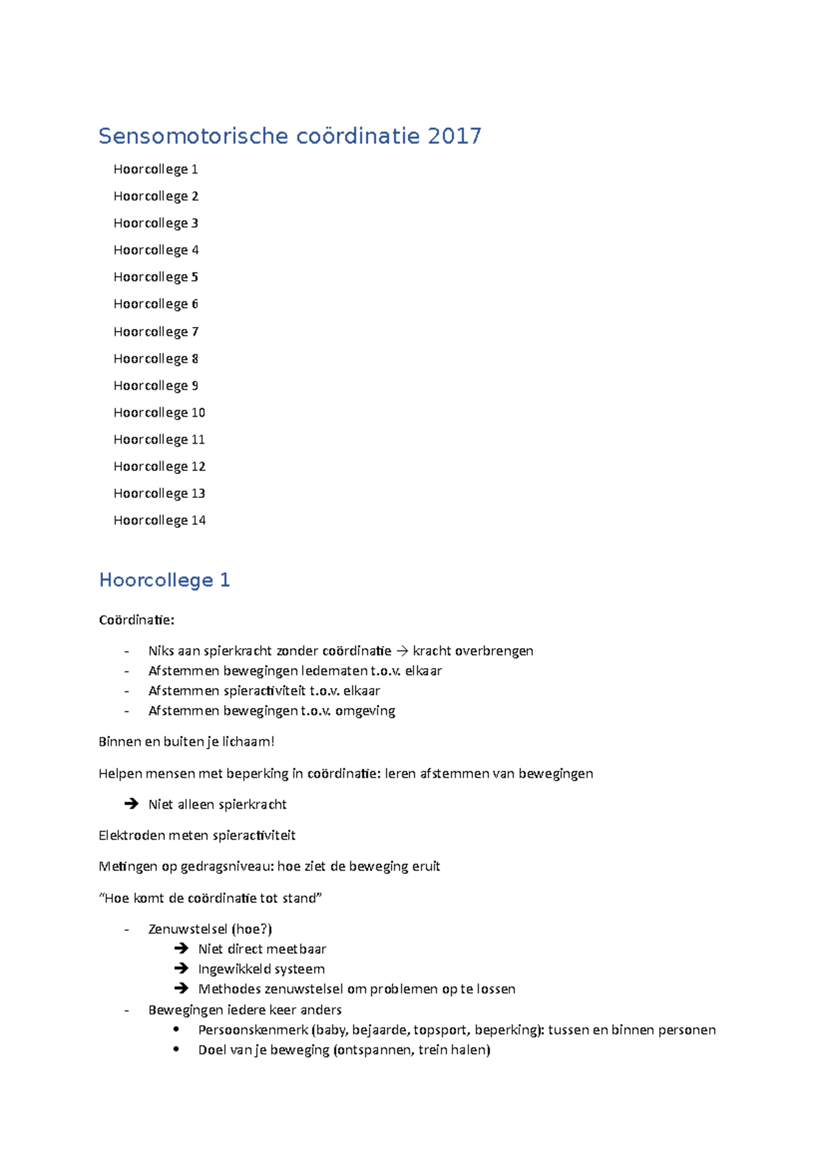 HC Aantekeningen - Sensomotorische Coördinatie 2017 Hoorcollege 1 ...