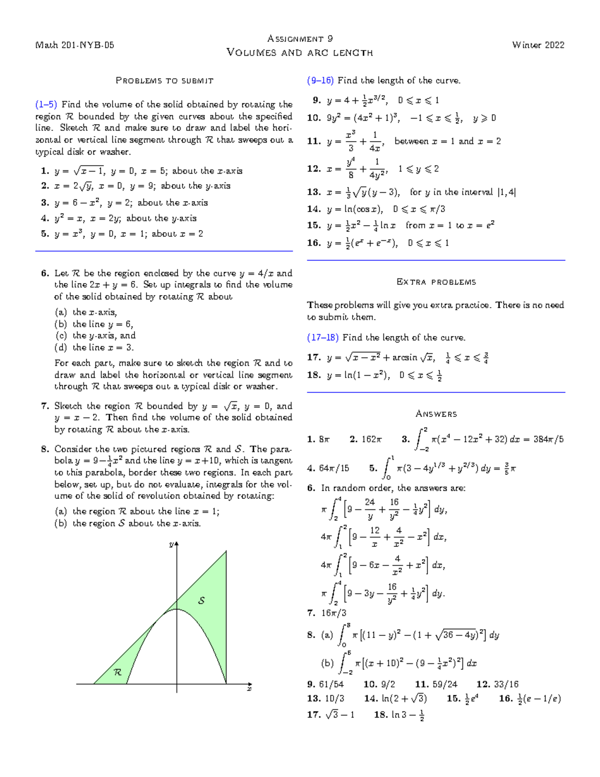 Assignment 9 - Practice - Math 201-NYB- Assignment 9 Volumes and arc ...