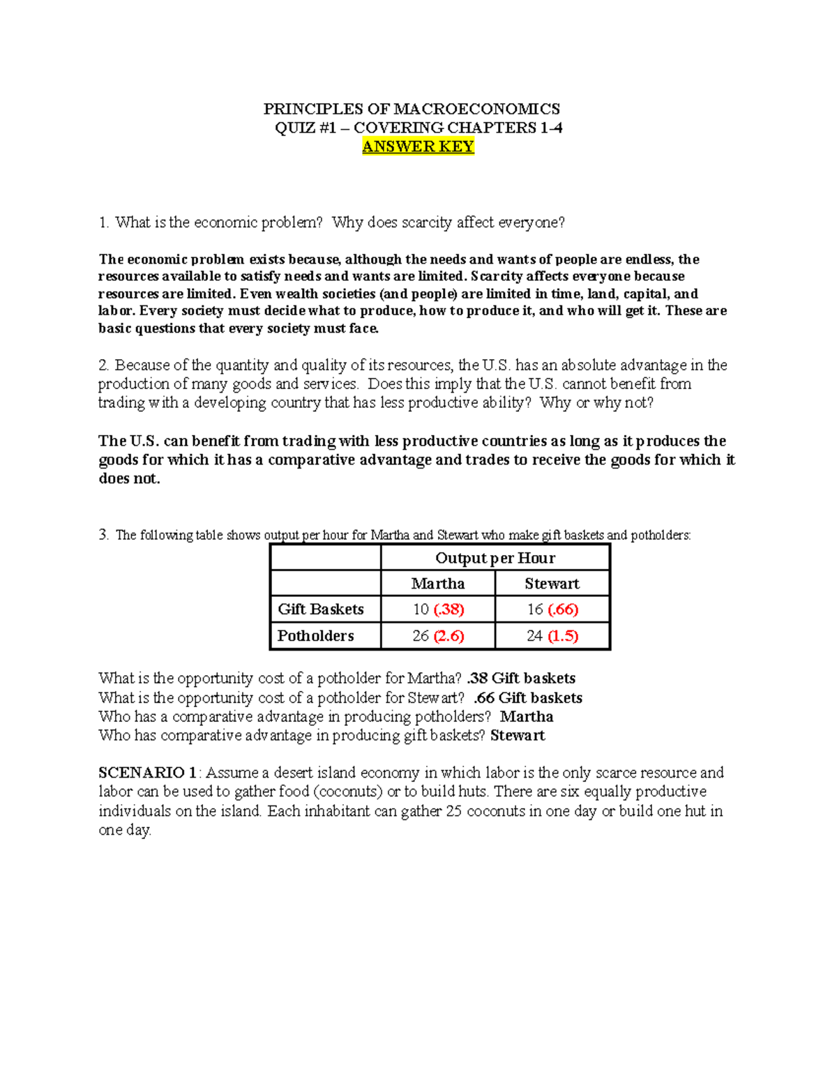 Quiz1 Answers - Chapter 1 Review - PRINCIPLES OF MACROECONOMICS QUIZ #1 ...