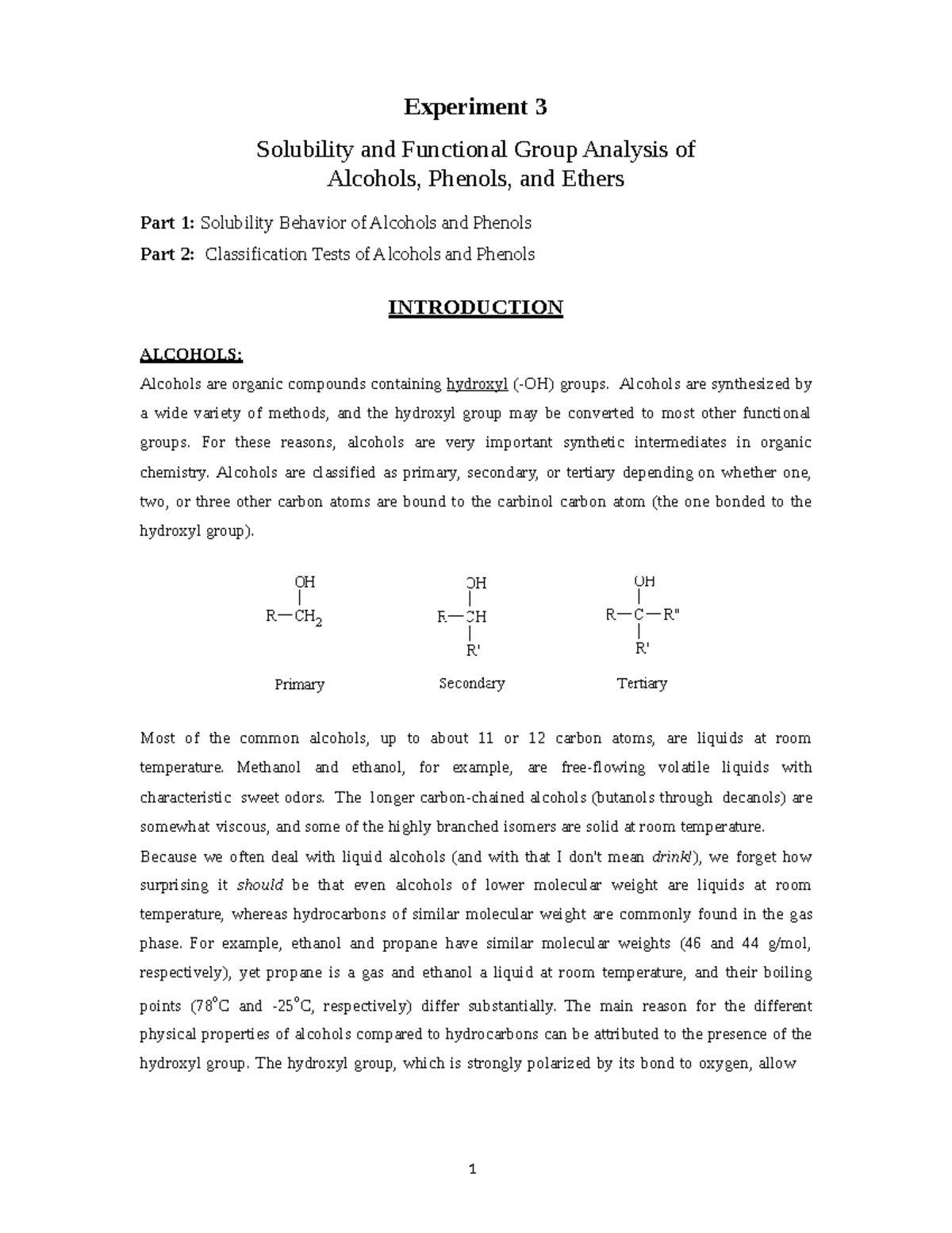 3 Alcohols Phenols Ethers Fall2021 Experiment 3 Solubility and Functional Group Analysis of