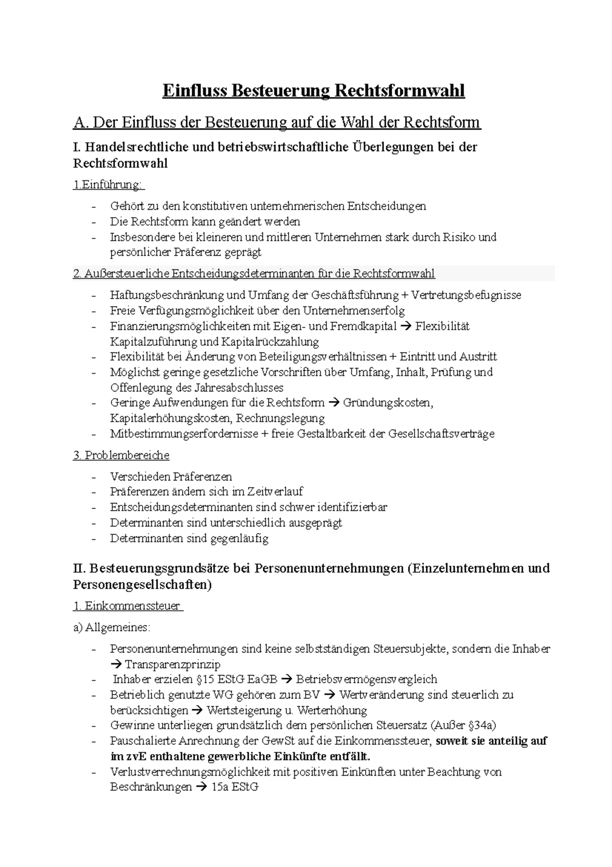 Einfluss Besteuerung Rechtsformwahl Zusammenfassung SoSe21 - Einfluss ...
