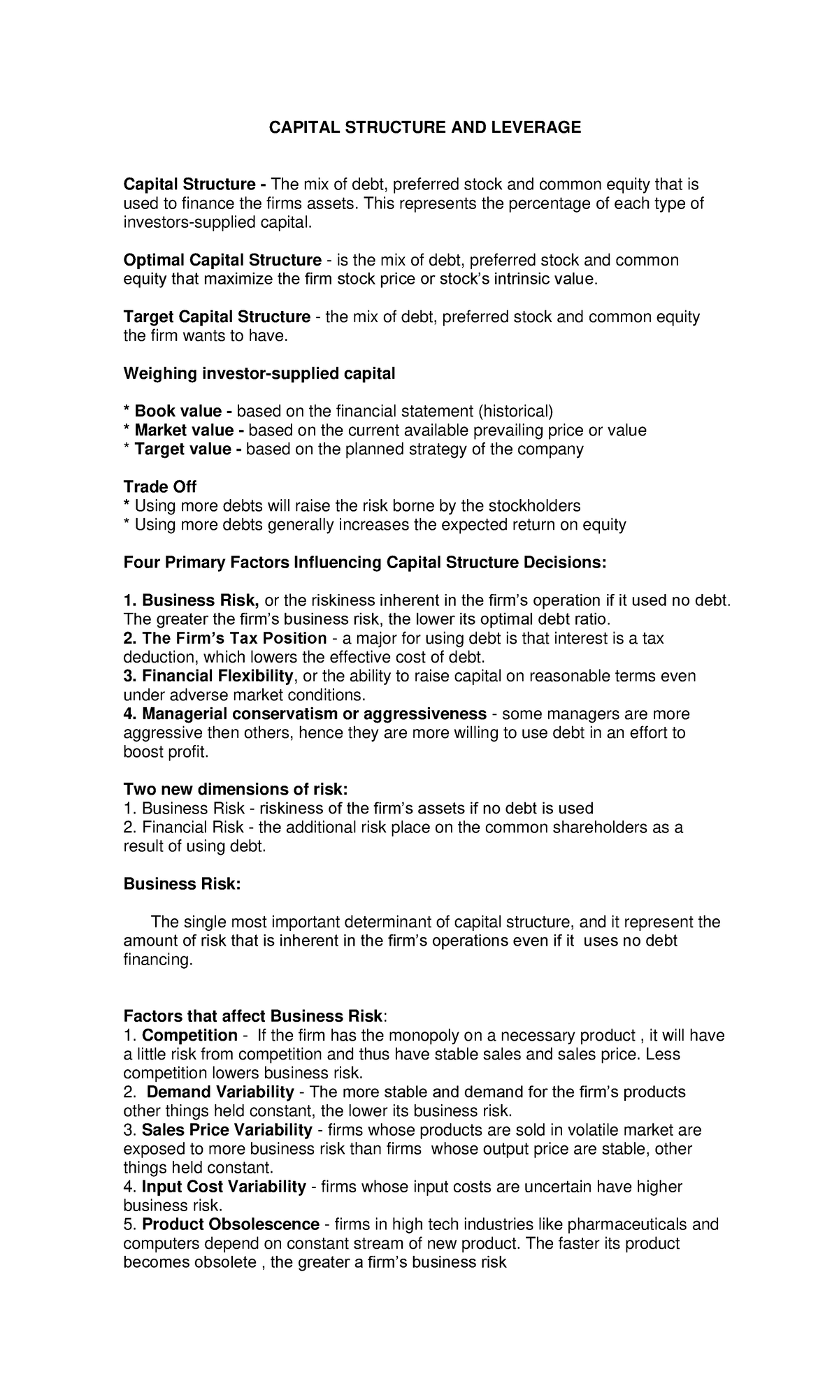 Capital Structure Leverage - CAPITAL STRUCTURE AND LEVERAGE Capital ...
