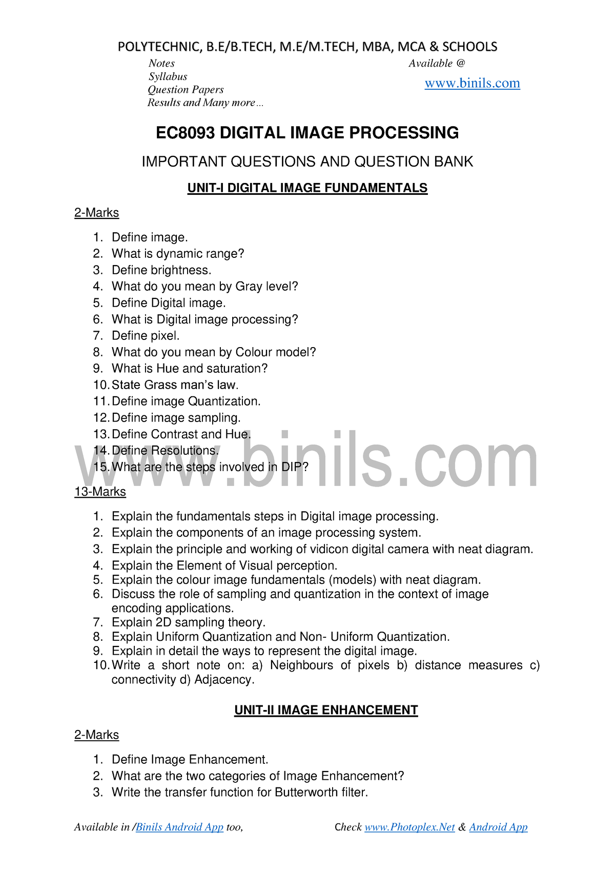 EC8093 Digital Image Processing Reg 2017 Question Bank - Binils Notes ...