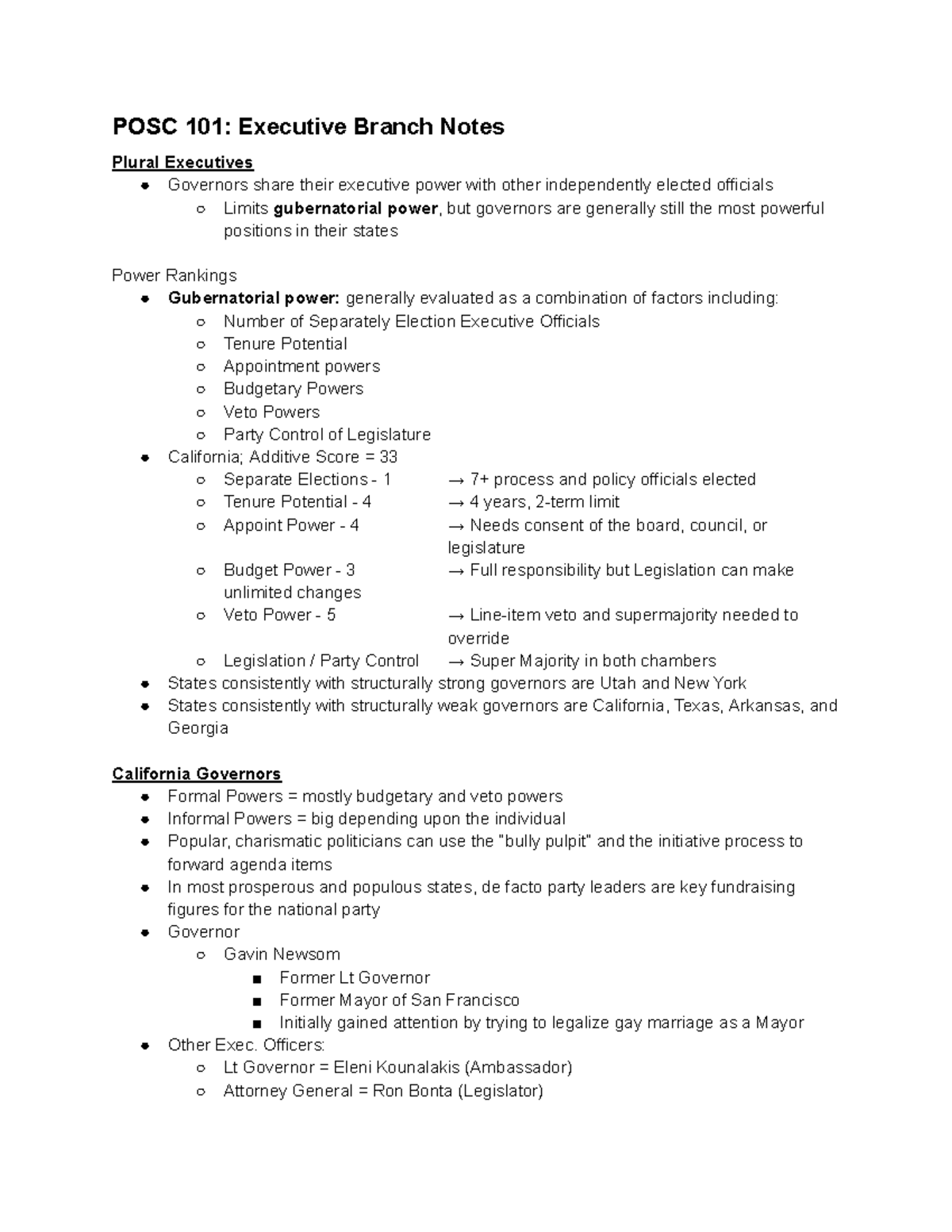 POSC 100 Executive Branch Notes POSC 101 Executive Branch Notes Plural Executives Governors