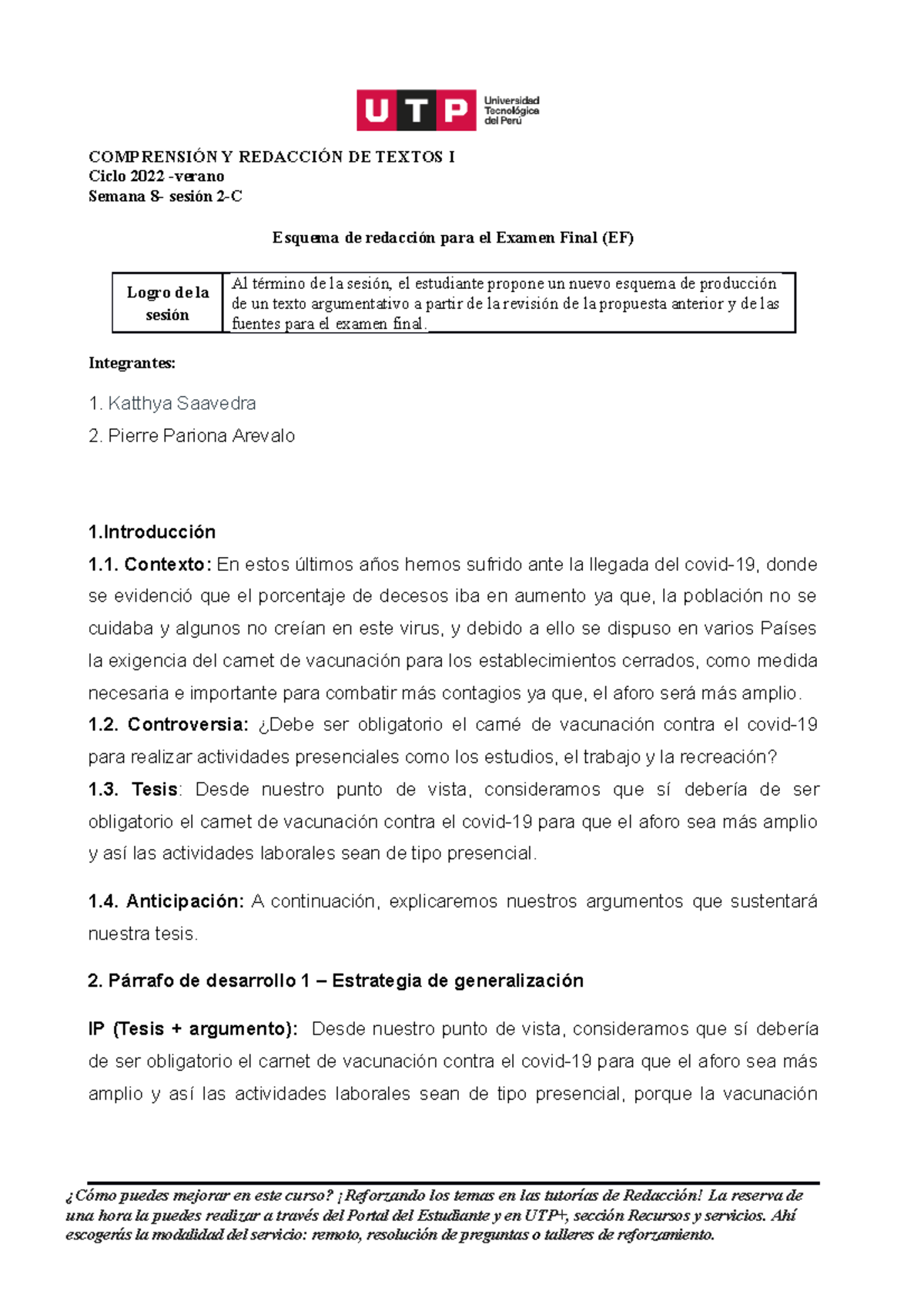 S08.s2-C Esquema Para EF - COMPRENSIÓN Y REDACCIÓN DE TEXTOS I Ciclo ...