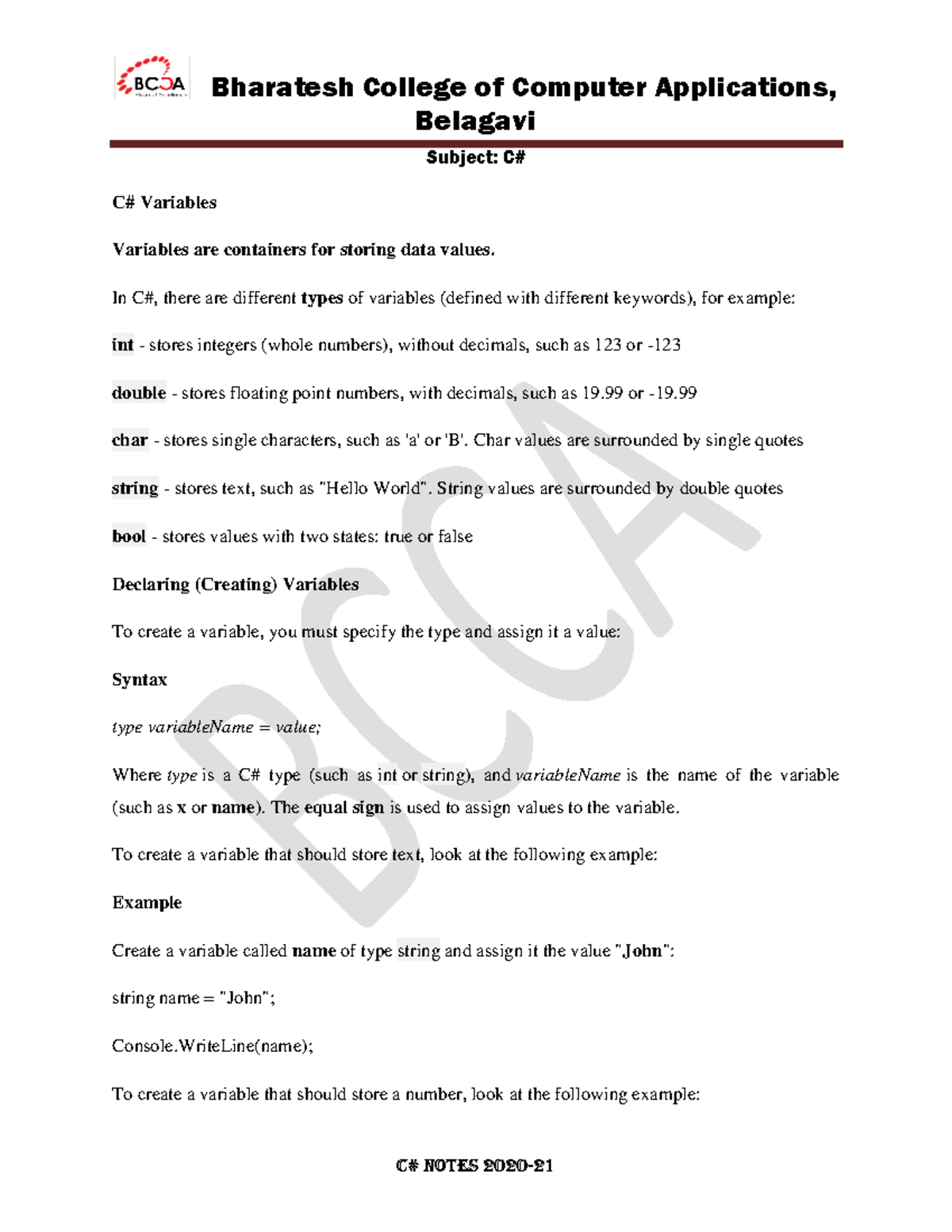 Unit2 C# - C#unit 2 notes - Belagavi Subject: C# C# Variables Variables ...