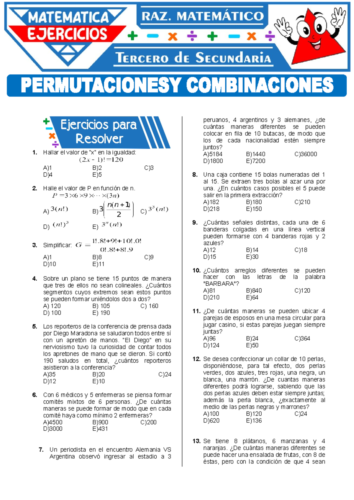 Permutaciones y Combinaciones para Tercer Grado de Secundaria - Hallar ...