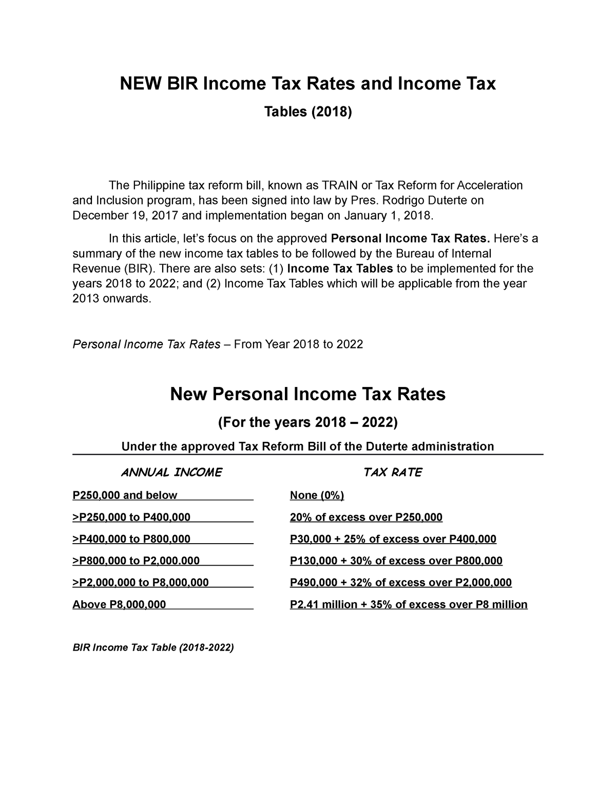 Computation Income Taxation Train Law - NEW BIR Income Tax Rates And ...