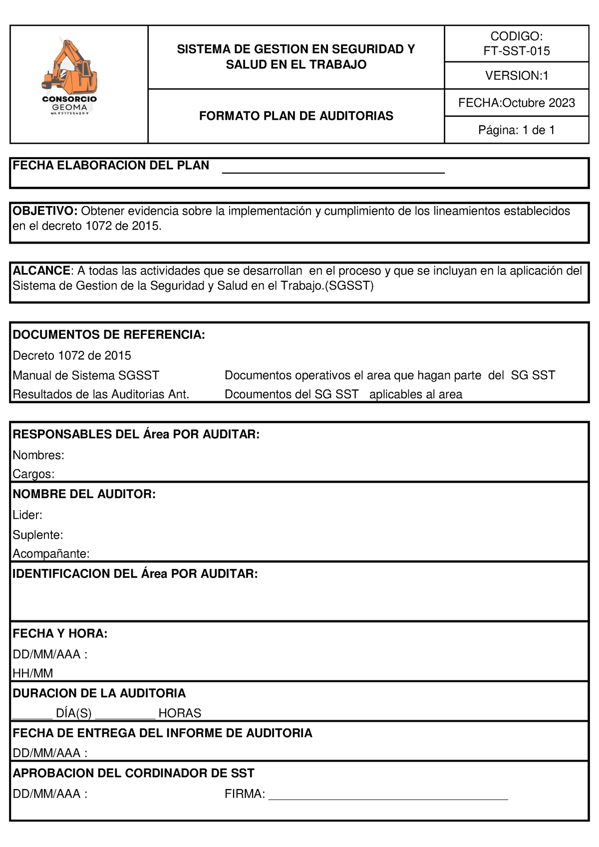 Ft Sst 015 Formato Plan De Auditorias Codigo Ft Sst Version Fecha