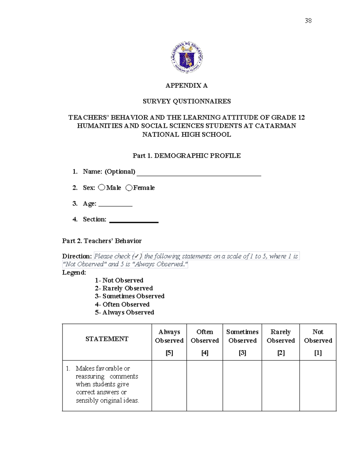 Appendix A - Sample Research - APPENDIX A SURVEY QUSTIONNAIRES TEACHERS ...