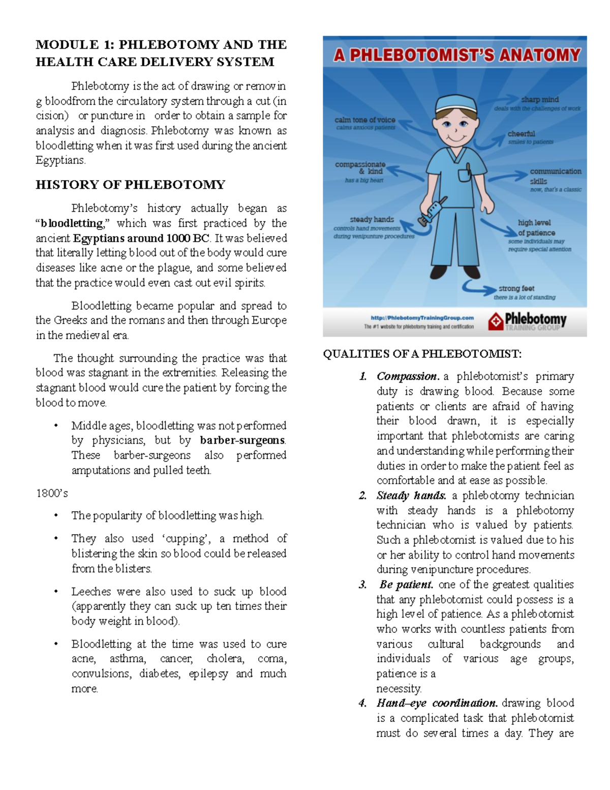 PMLS 2 Module 1 - MODULE 1: PHLEBOTOMY AND THE HEALTH CARE DELIVERY ...